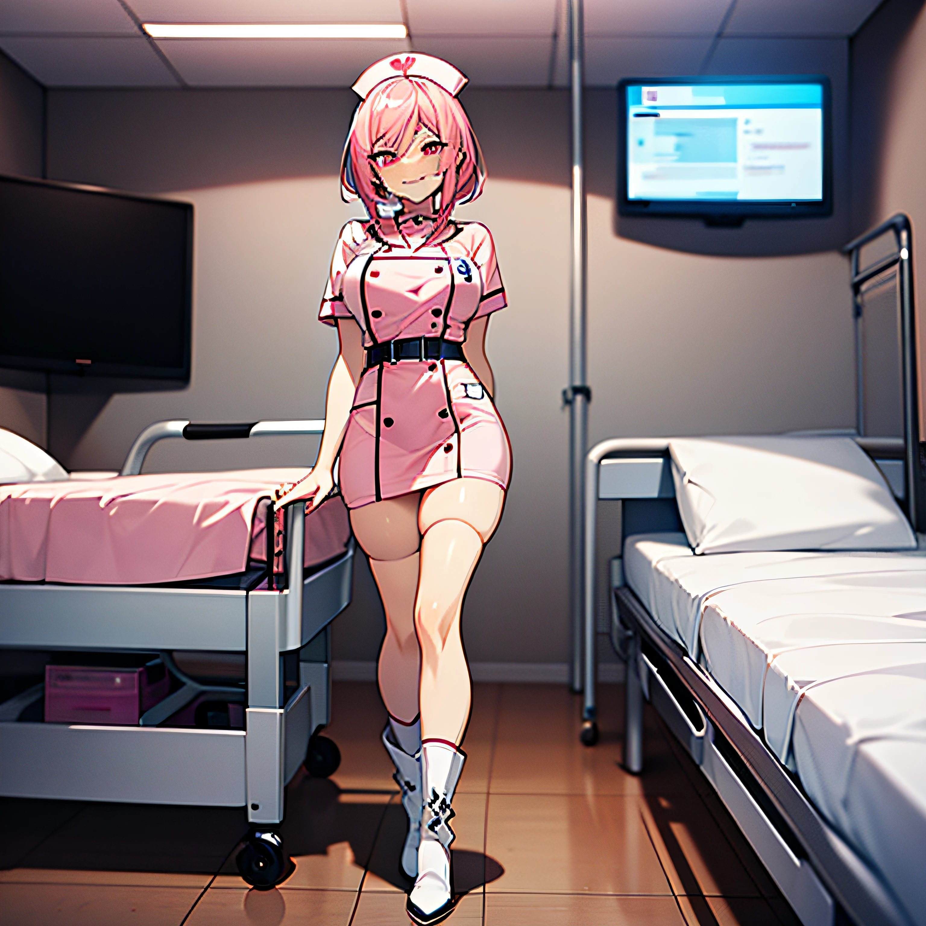 anime - style image of a sexy woman in hospital room, seductive anime girl, extremely detailed artgerm, 8k high quality detailed art, anime goddess, beautiful girl, [ 4 k digital art ]!!, full body, legs, pink eyes, pink hair: 3.0, nurse, short, best lighting, best face, hospital room, nurse, naughty nurse, cute, laughing, standing, white stocking, evil smirk, dominant, white boots: 2.0