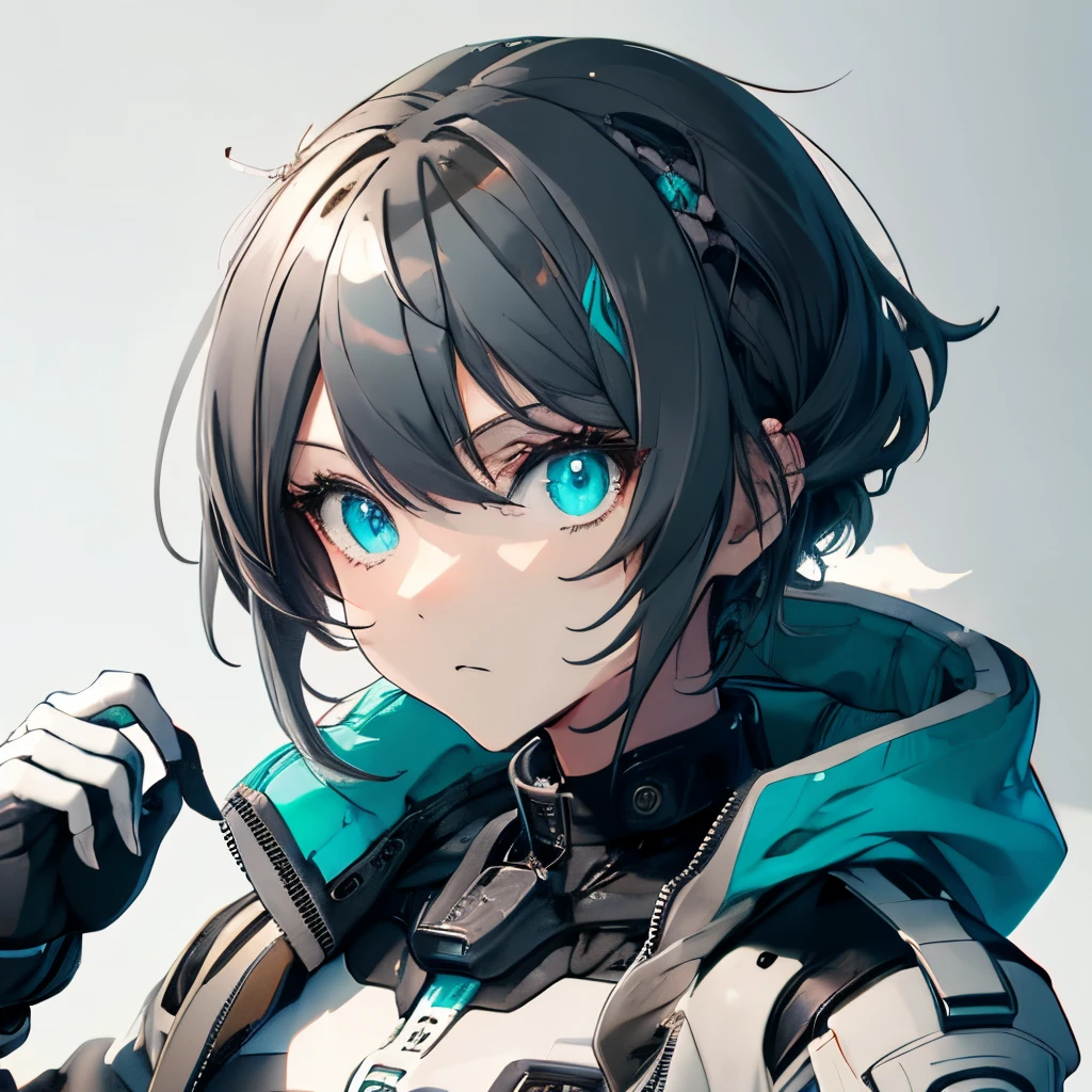 (masutepiece:1.2, Best Quality),  [girl, Manteau, expressioness, Turquoise eyes, front facing, jet-black hair,half short cut hair, Jacket comes off, Upper body] (Gray white background:1.7),