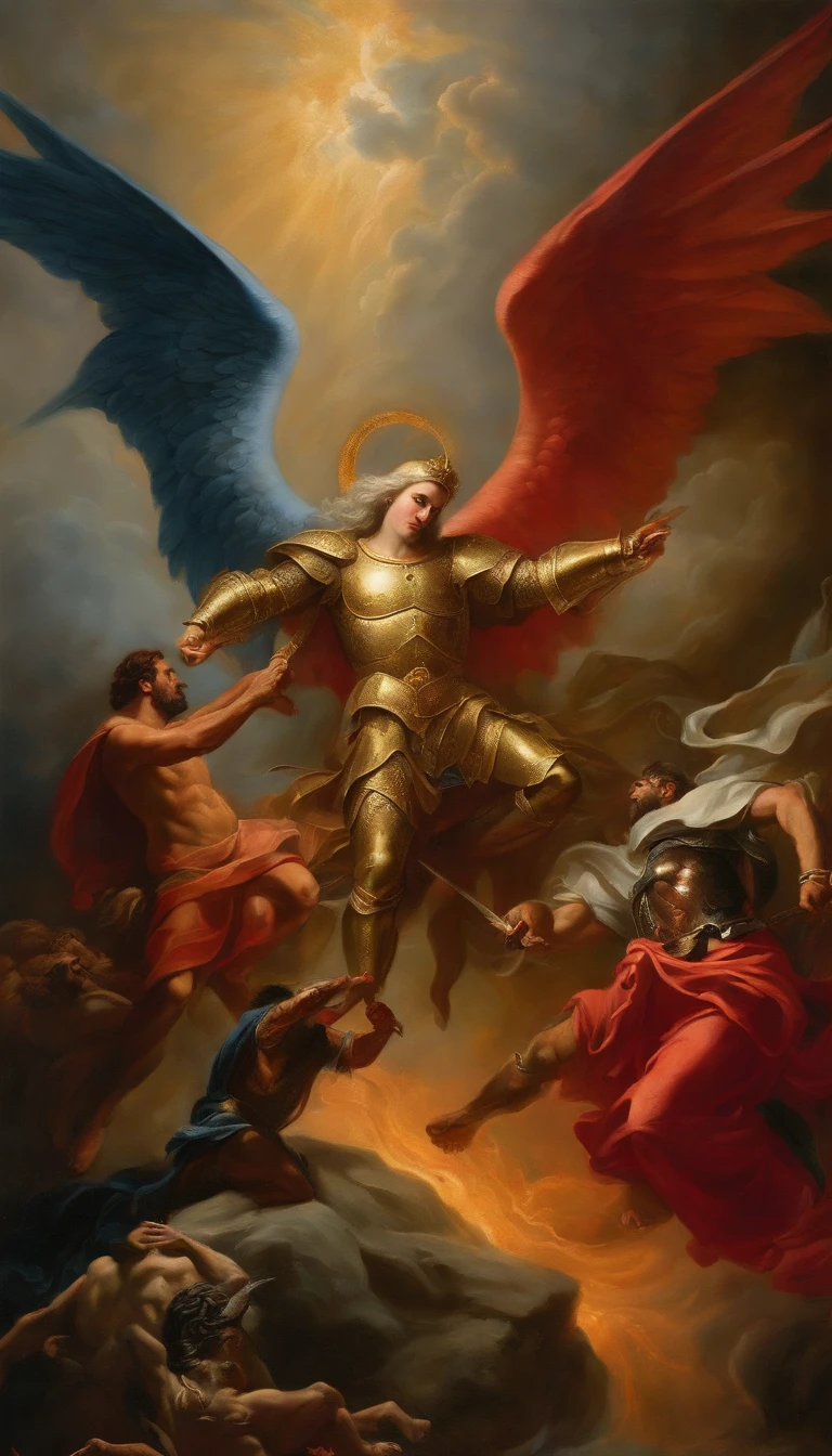 God VS Satan Break God and Archangel VS Satan and Lucifer Many People Oil Painting Knight