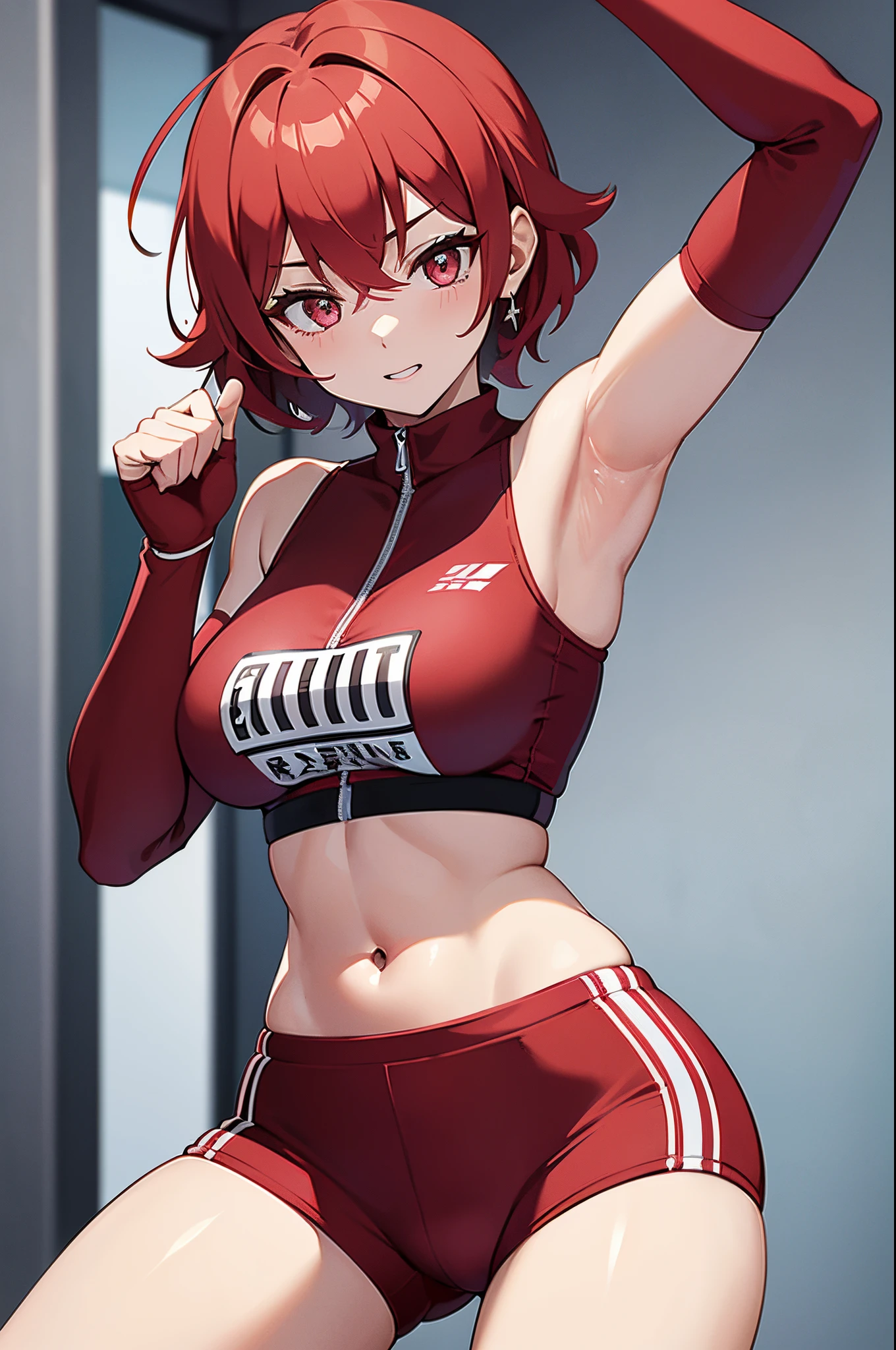 She's a young, slender woman with short, vibrant red hair and bright pink eyes, dressed in fitted gym attire. Confident and determined, she exudes assurance with a strong posture and a self-assured expression. Her domain is the gym, where her infectious energy shines, whether as an athlete or a dedicated instructor.