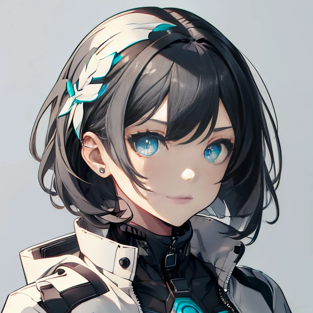 (masutepiece:1.2, Best Quality),  [girl, Manteau, expressioness, Turquoise eyes, front facing, jet-black hair,half short cut hair, Jacket comes off, Upper body] (Gray white background:1.7),