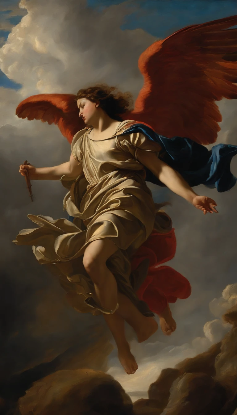an oil painting, Coming down from the sky, A breathtaking masterpiece, Vivid,  Caravaggio, 8K，angelicales，Lots of people，Fallen Angel，Duel Knight War Angel vs Human