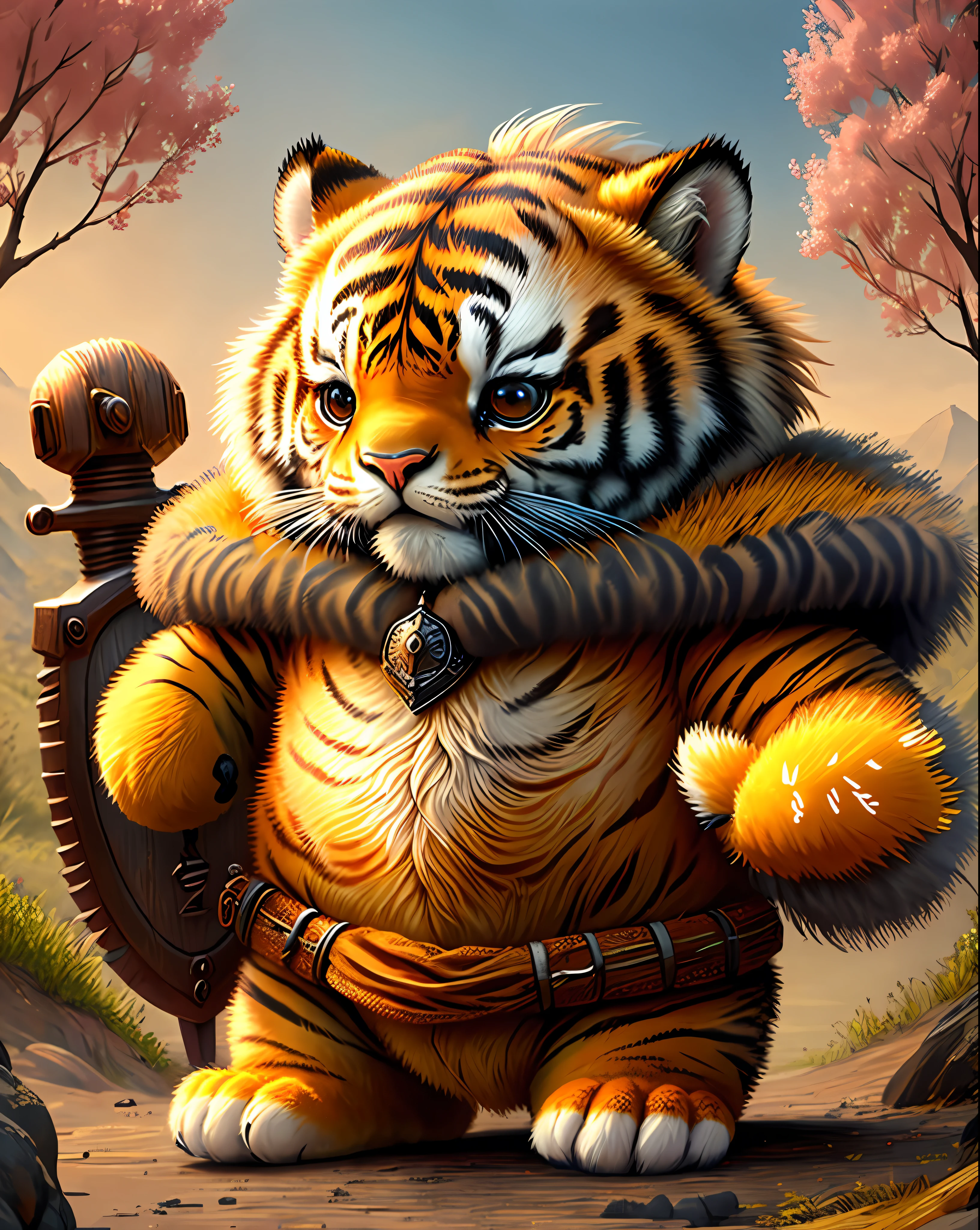 Qualidade de imagem superior、"Crie uma obra-prima de criaturas fofas. (um tigre), alto detalhamento, em 8K、Qualidade de imagem superior、Vestido de aventureiro、Holding a sword and shield in hand、
