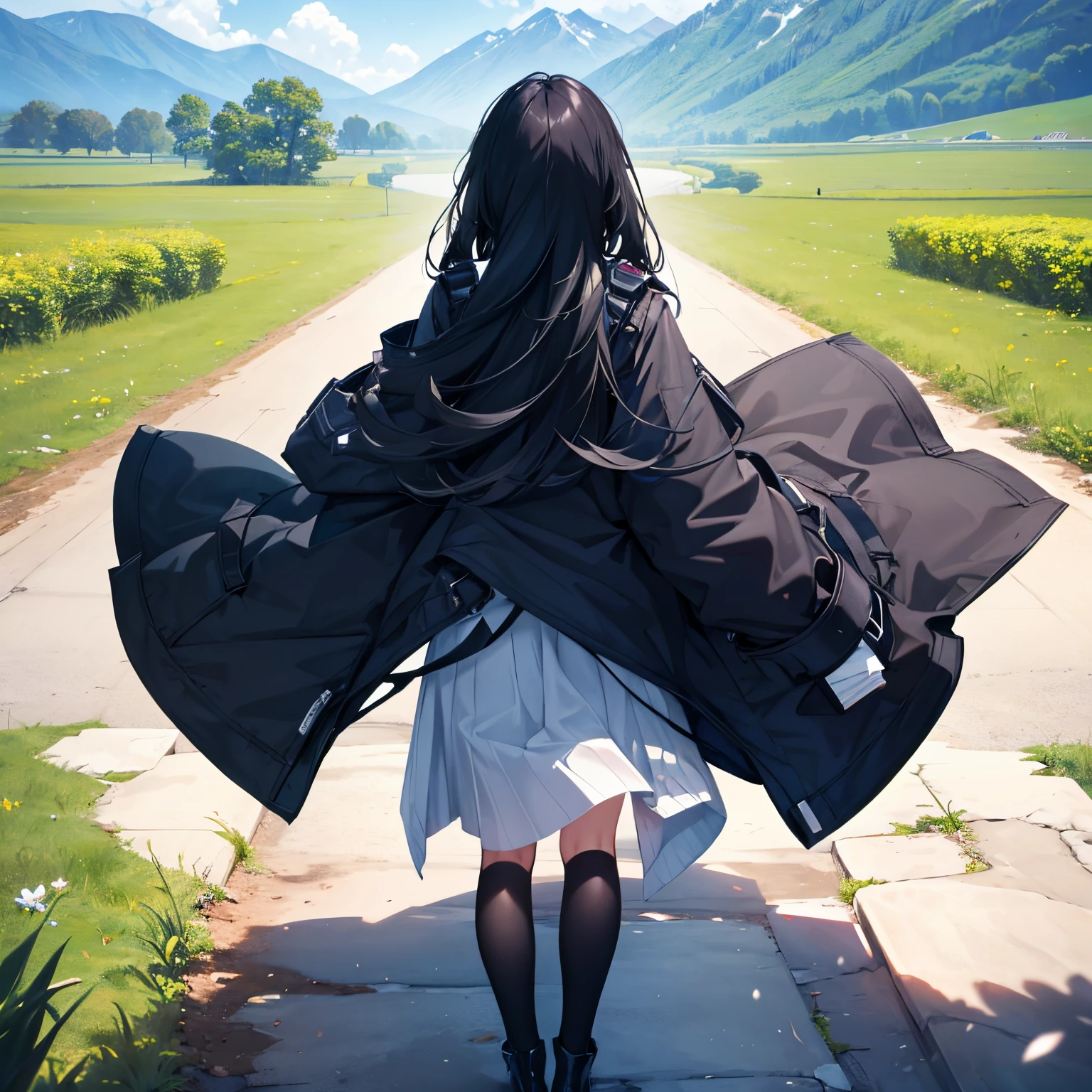 (perspective 2 vanishing points: 1.2) a girl from the back, (back: 1.2) (jacket: 1.2) black hair, long hair, a beautiful landscape, (nature: 1.2)