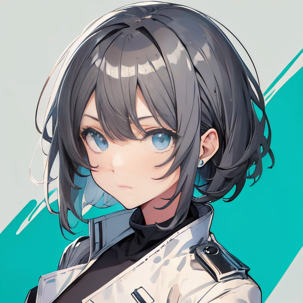 (masutepiece:1.2, Best Quality),  [girl, Manteau, expressioness, Turquoise eyes, front facing, jet-black hair,half short cut hair, Jacket comes off, Upper body] (Gray white background:1.7),