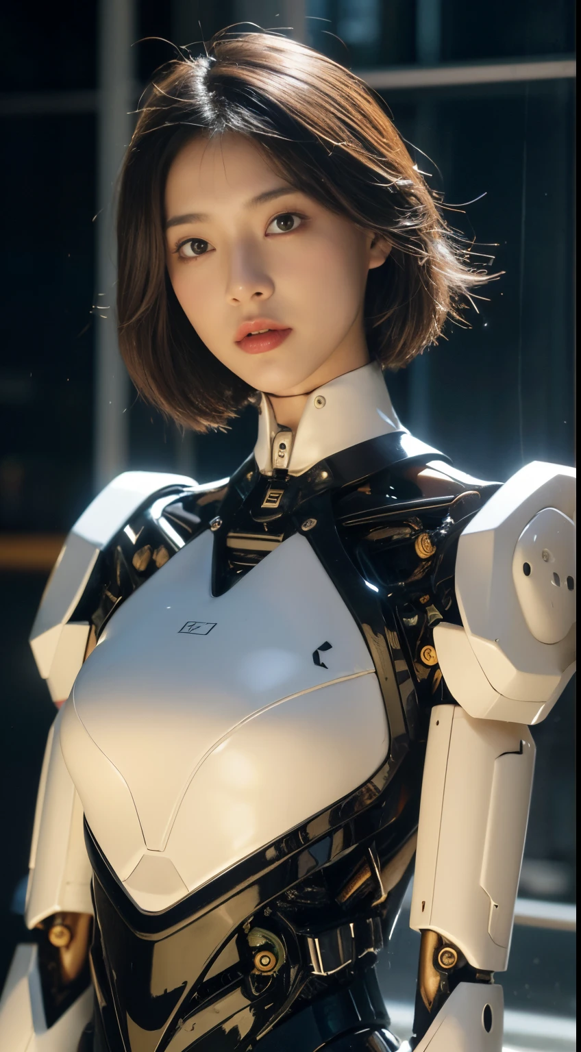 (1 Mechanical Girl)、top-quality、​masterpiece、超A high resolution、(Photorealsitic:1.4)、Raw photo、女の子1人、Golden hair、glowy skin、(((1 Mechanical Girl)))、（LED Lamp Mechanical Helmet）、(Small LED)、((super realistic details))、portlate、globalillumination、Shadow、octan render、8K、ultrasharp、Colossal tits、Raw skin is exposed in cleavage、metals、Details of complex ornaments、Japan details、highly intricate detail、Realistic light、CGSoation Trends、Red Eyes、radiant eyes、Facing the camera、neon details、(Mechanical limbs)、(blood vessels connected to tubes)、Mechanical vertebrae attached to the back、mechanical cervical attaching to neck、(Wires and cables connecting to the head)、Gundam、Small LED、,Mechanical thighs、Toostock、