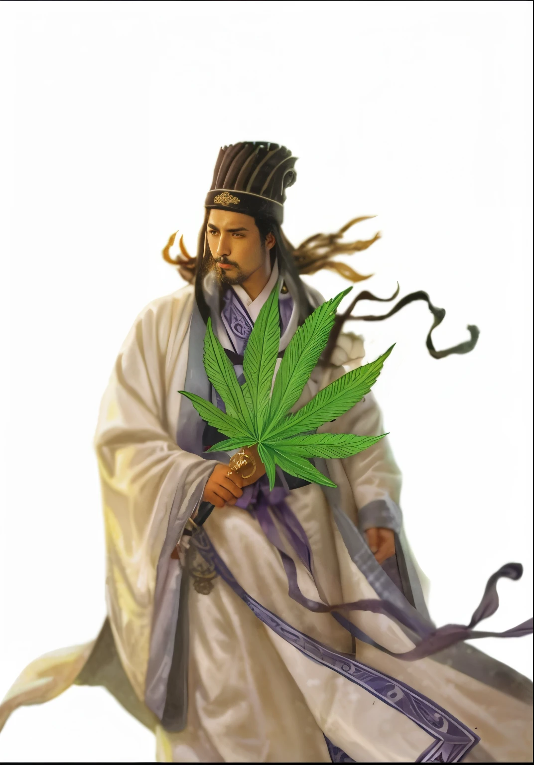 Arab man in white robe holding marijuana leaf, bian lian, Marijuana personification, inspired by Hu Zaobin, guanyu, hua cheng, Inspired by Cao Zhibai, inspired by Wu Daozi, Qigong, Detailed Bushido Foam Smoke, Inspired by Shen Quang, from three kingdoms, feng shu, Inspired by Ma Quan