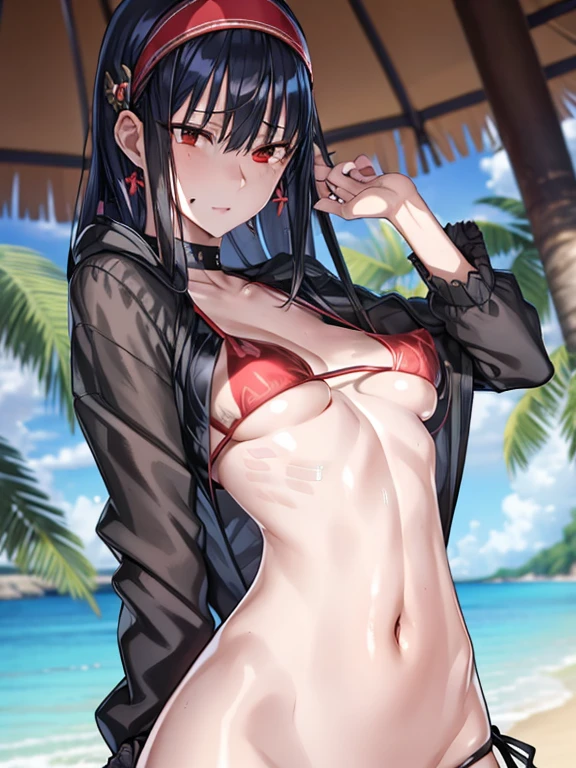 yorbriar, yor briar, black hair, (red eyes:1.5), earrings, gold hairband, hairband, long hair, sidelocks,underboob,pointy breasts,small breasts,
BREAK (bikini,erect nipples:1.5),
BREAK outdoors, beach,
BREAK looking at viewer, 
BREAK (masterpiece:1.2), best quality, high resolution, unity 8k wallpaper, (illustration:0.8), (beautiful detailed eyes:1.6), extremely detailed face, perfect lighting, extremely detailed CG, (perfect hands, perfect anatomy),