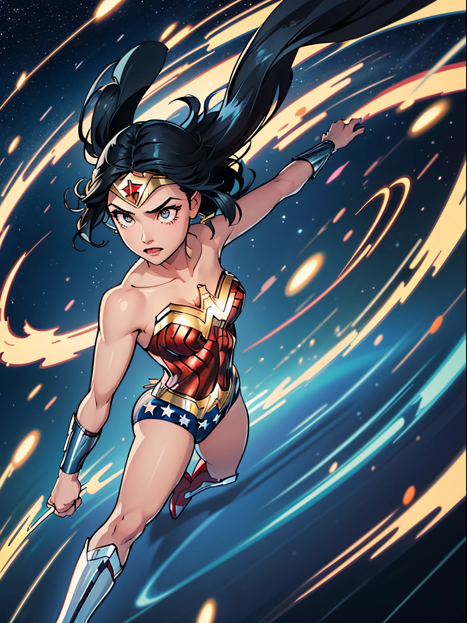 1girl, wonder woman, black hair, long hair, leotard, bare legs, boots, gloves, space, solo, single, spread arms, standing, spinning like a tornado, light particles, sparkling, super speed, solo, single, speed lines, rapid gyration, tornado spin, light swirls