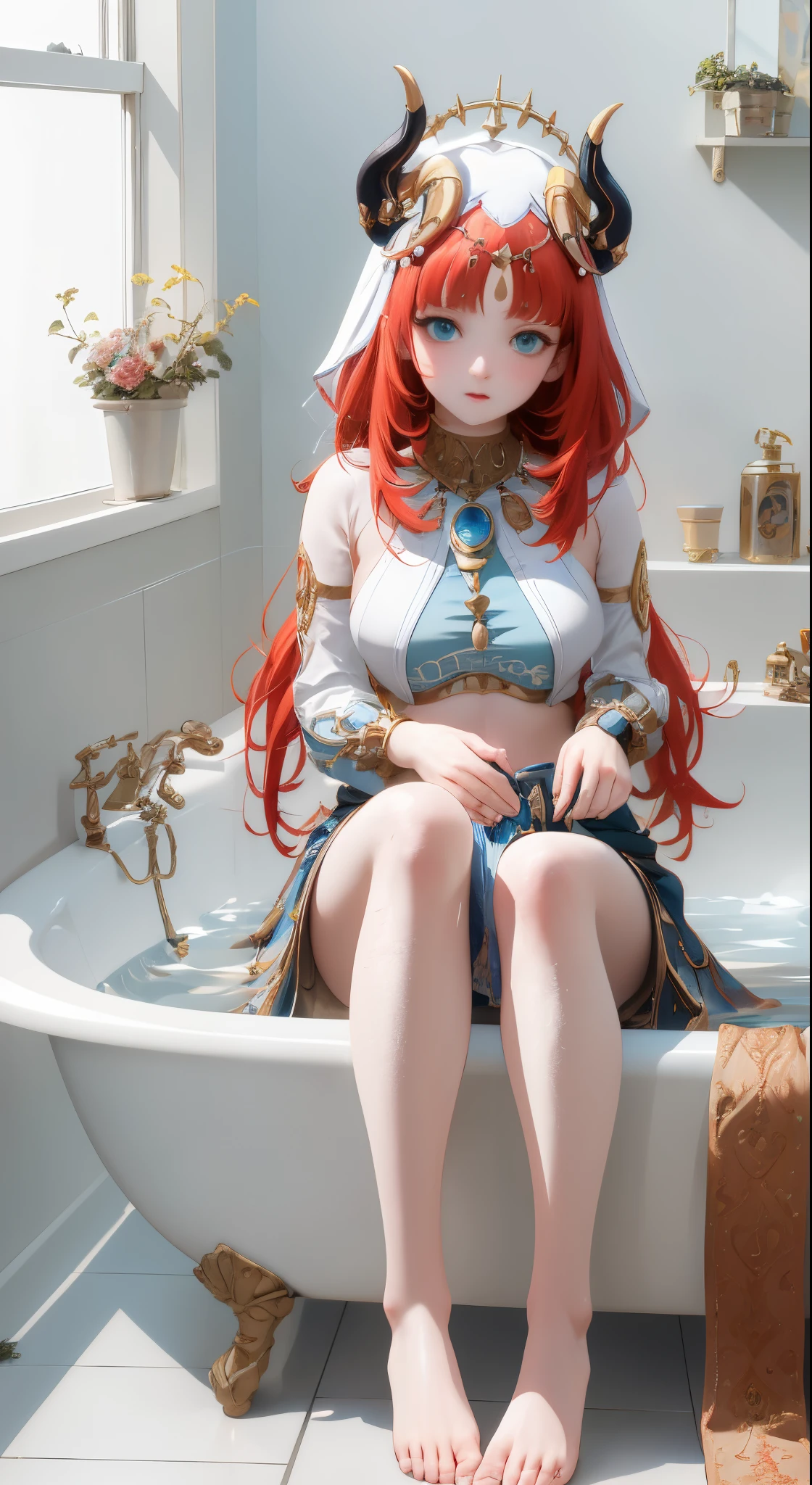 tmasterpiece，with a pure white background，8K art photography, realism concept art, The soft, Natural volume cinematic perfect light, epic, Popular topics on artstationh, a vibrant one, production cinematic character render, super high-quality model, lightand shade contrast，Anime girl sitting cross-legged in the bathtub，bare-legged，Barefoot，Hand detail， five fingers，perfect  eyes，eyes are very detailed，with a round face，with her mouth open，Big breasts corset，
horn,redheadwear,long whitr hair,dual horsetail,veils,Water-colored eyes,Harem outfit,neck rings,jewely,exposed bare shoulders,longer sleeves,Crop top,brooch, prop up, Gold trim,blue skirts,cirque,imagining \(genshin impact\),