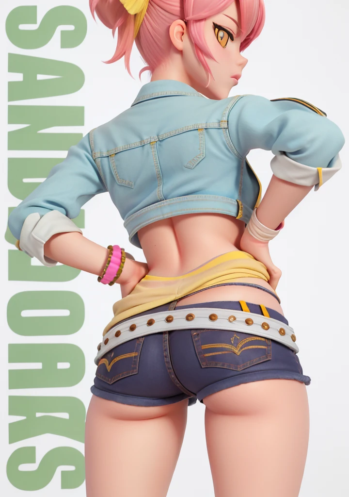 realistic, keep clothes, keep pose, keep colors, keep shadows ,hotpants, denim shorts,red thong,white background,mika jougasaki,pink hair, (yellow eyes:1.5)