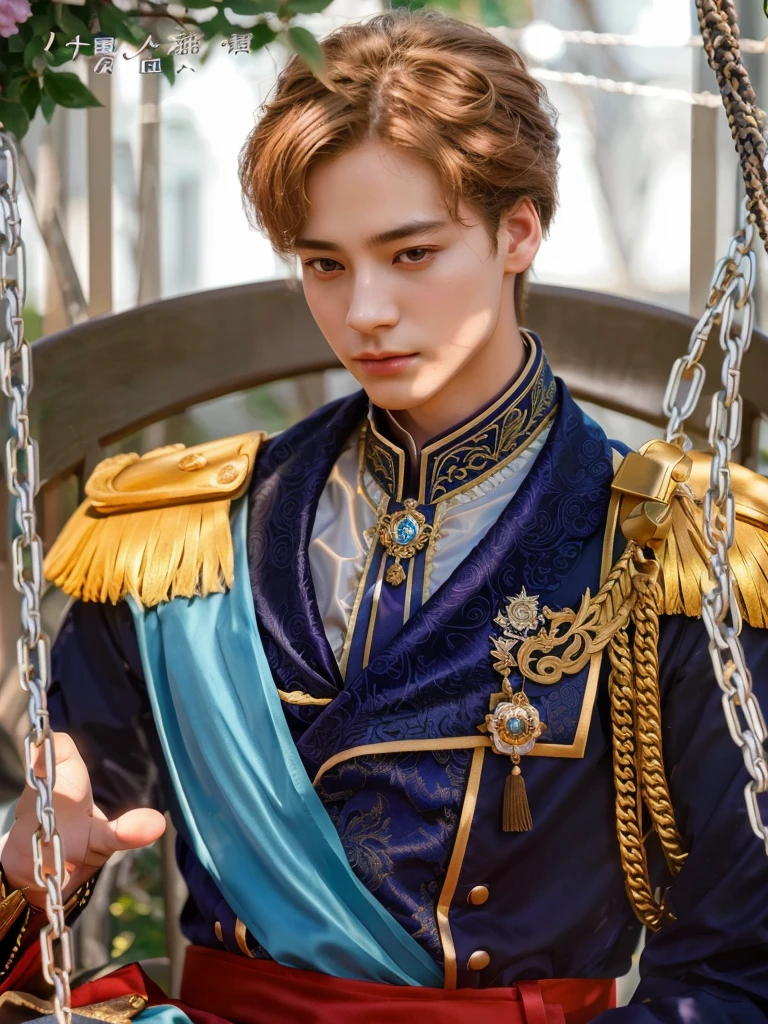 there is a man in a uniform sitting on a swing, beautiful androgynous prince, delicate androgynous prince, handsome prince, renaissance prince, inspired by Bian Shoumin, highly detailed exquisite fanart, royal elegant pose, royal portrait, inspired in kris from deltarrune, royal emperor, fanart, inspired by Kim Deuk-sin, inspired by Huang Shen