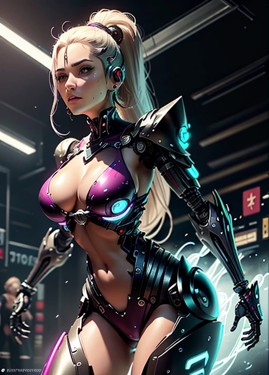 linda sedutora, samurai cyberpunk, pele Agora mesmoa, Well-toned athletic body, Forma elegante, pele Agora mesmoa, Fora no Neon Palace, Mal vestido, beautiful face, Smaurai-inspired bikini armor, mechanical limbs, Robotic parts on display, pele cromada, glowing neon pieces, japanese theme, Tema Cyberpunk, fiverr dnd personagem, octan render, Arte Digital, Detalhe extremo, 4k, Ultra HD | |, cabelo loiro, polido, Beautiful, hiperdetalhado, intrincado, elaborar, meticuloso, fotorrealista, foco nítido, WLOP, design de personagens, Motor irreal, 3D-rendering, Volumetric lighting, reflexions, glossy, digital illustation, pose sensual, Pose sugestiva, lascivo, tiro de corpo inteiro, Agora mesmo, Visible , Inchado , 💖❤💕💋❣