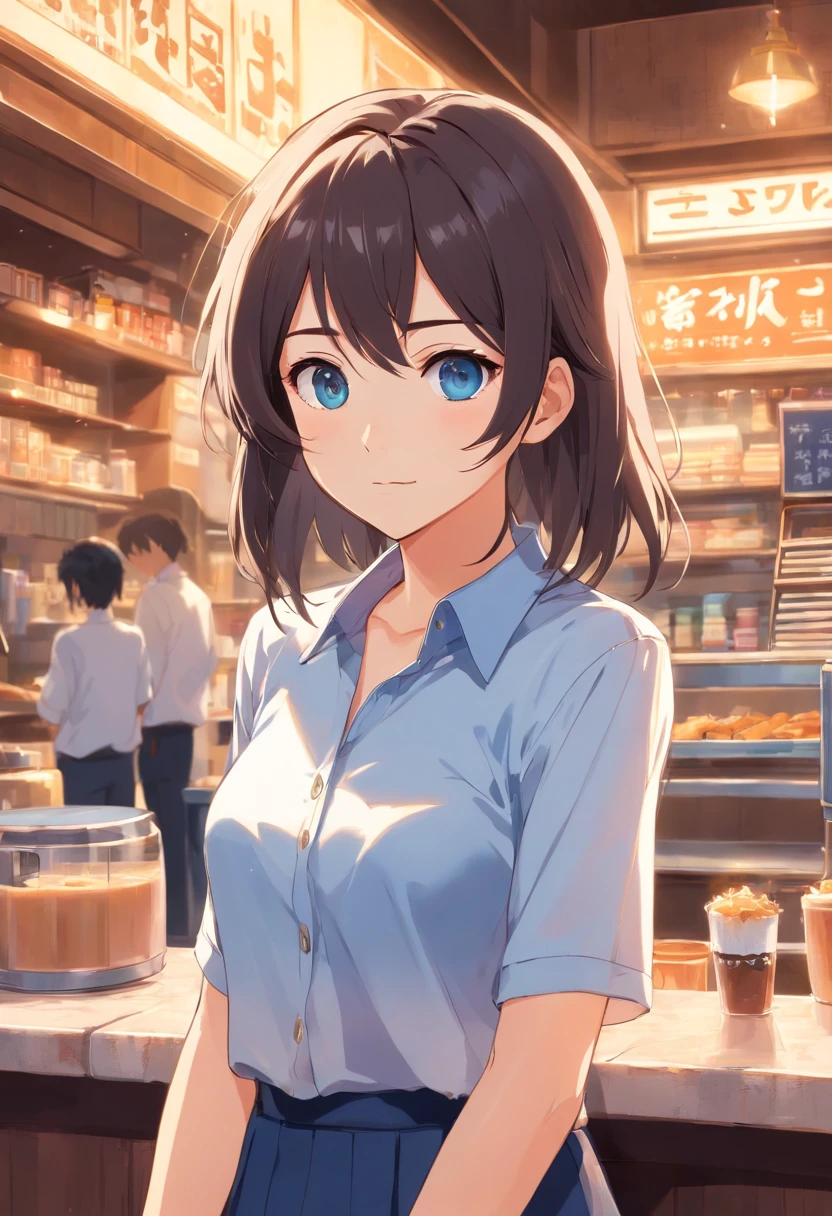 1adolescente, pechos grandes, pelo negro largo, ojos cafes, con camisa escolar blanca chica, falda azul corta, anime
