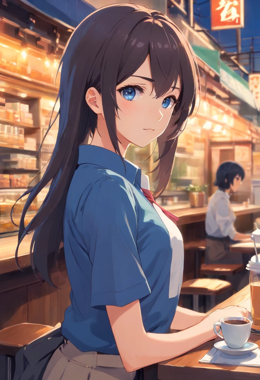 1adolescente, pechos grandes, pelo negro largo, ojos cafes, con camisa escolar blanca chica, falda azul corta, anime