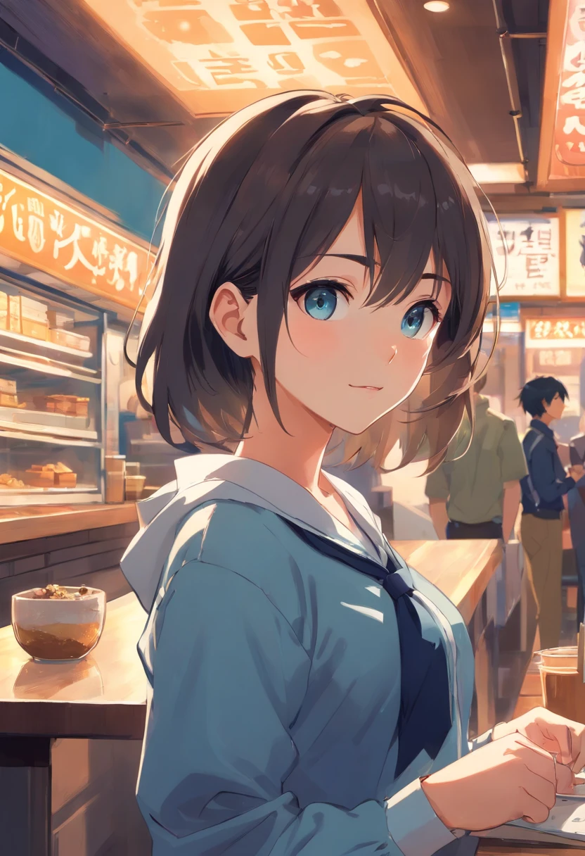 1adolescente, pechos grandes, pelo negro largo, ojos cafes, con camisa escolar blanca chica, falda azul corta, anime