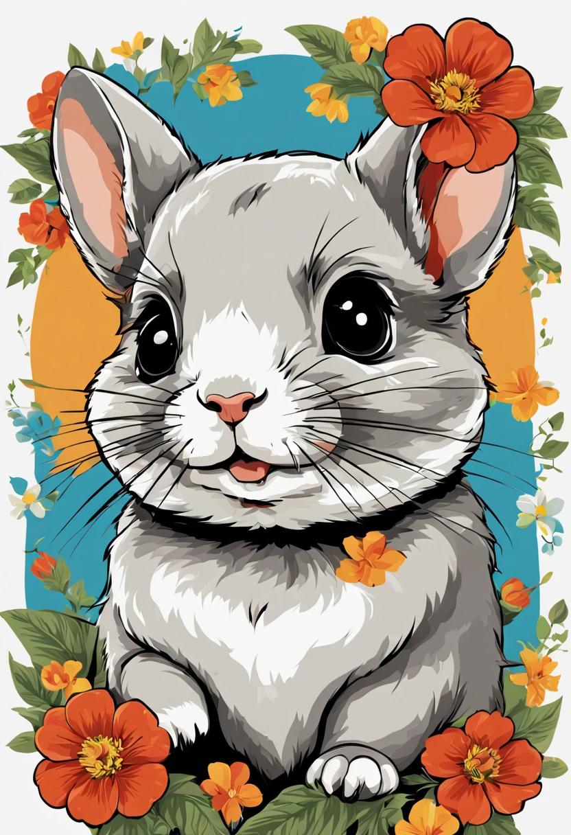 Vector Design, TShirt design, Line Art T – Shirt, Retro, Flowers, Chinchilla , Cartoon, vintage, trendy, 2d, vector, flat, no mockup, no background