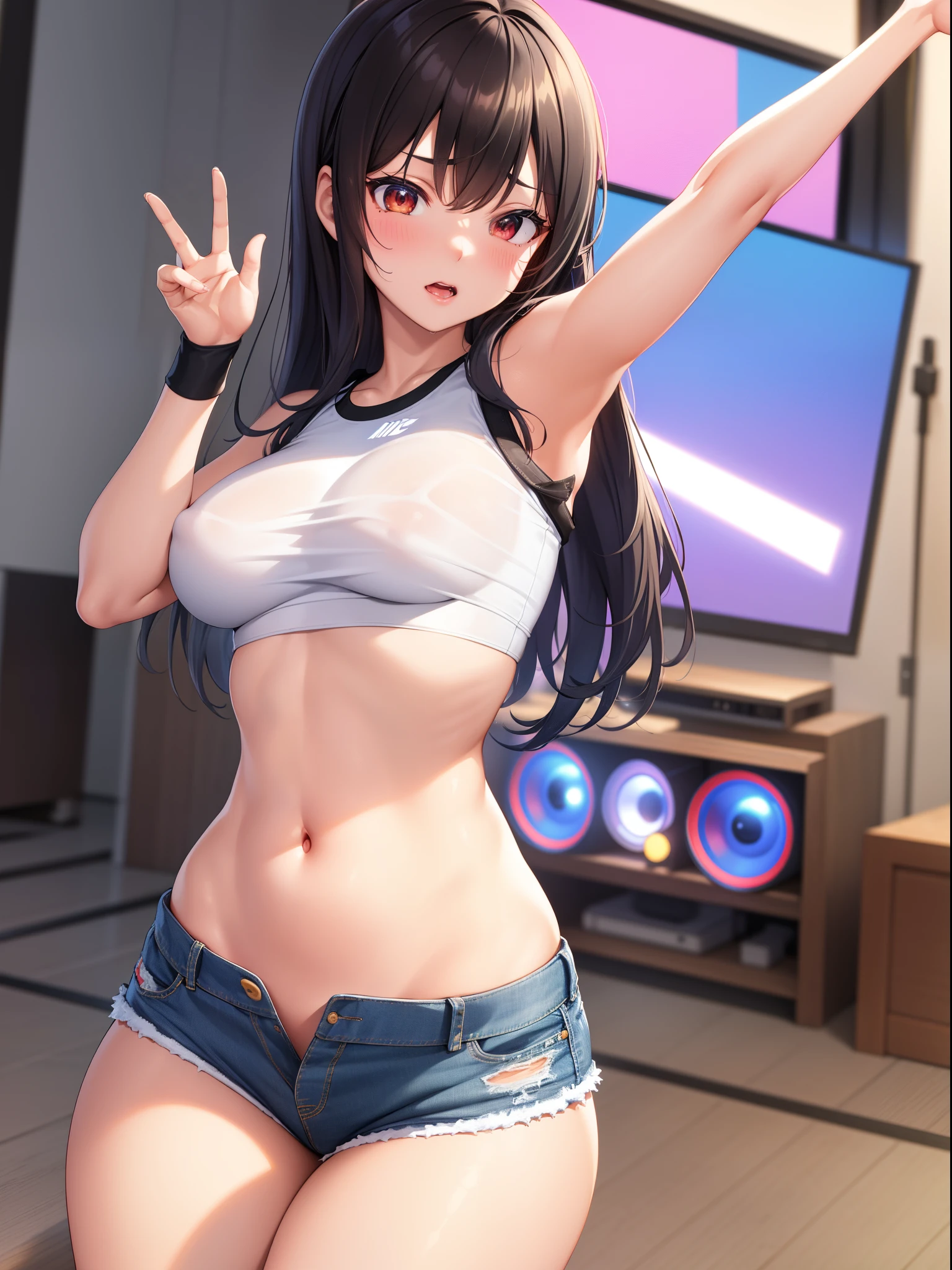 Uchimeimei, Very sensual, Clothes for girls with funk, Brazilian, Rio de janeiro, Dancing funk, scroll, big assa, thick leg, Wear extremely short denim shorts, wearing a mini shirt, There is leakage in the belly button, Nike sneakers, long whitr hair, Speakers at the back, full bodyesbian, Very realistic, Very sexy, 8K, 8K is extremely detailed), (Extremely Delicately Beautiful), (tmasterpiece), (Better quality: 1.0), (Ultra-high sharpness:1.0)