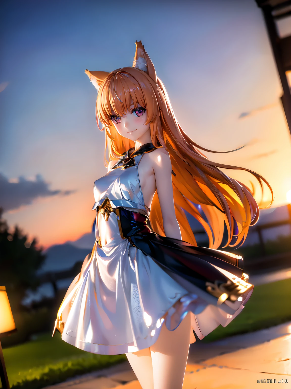 horo, A young girl with small breasts in a long voluminous skirt, slender body, (((small breasts))), bare chest, detailed eyes, masterpiece, beautiful light up, perfect lighting, ultra-detailliert, ultra quality, HD, Nikon, realism, smiling, naughty pose, perfecteyes eyes, glamour shot, model, facial recognition