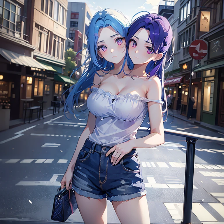 (masterpiece, best quality), best resolution, (2heads:1.5), 1girl, catgirl with two heads, black hair, cat ears, different hair lengths, right head has long hair and left head has short hair, brown eyes, open mouth, happy, sassy, playful, talking to the viewer, one hand on hip, waving at the viewer, pink tank top, blue long pants, suburban street, speech bubble, cowboy shot