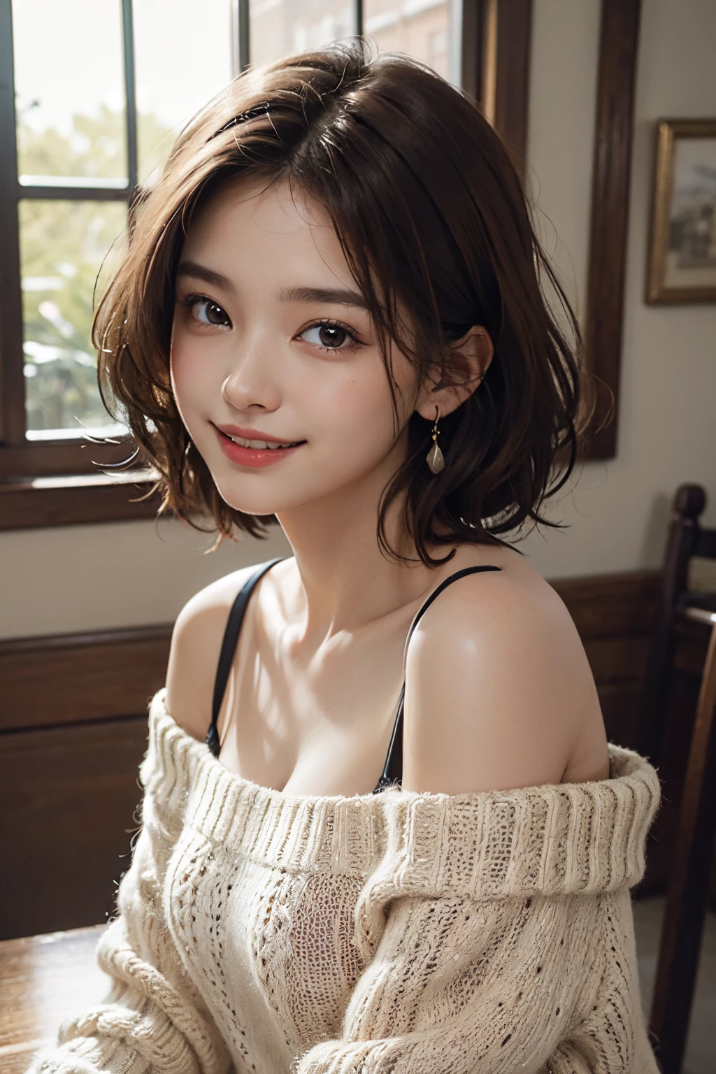 best quality, masterpiece, ultra high res, photorealistic, 1girl, offshoulder, smile, oversized_sweater, soft lighting, detailed skin,brown hair