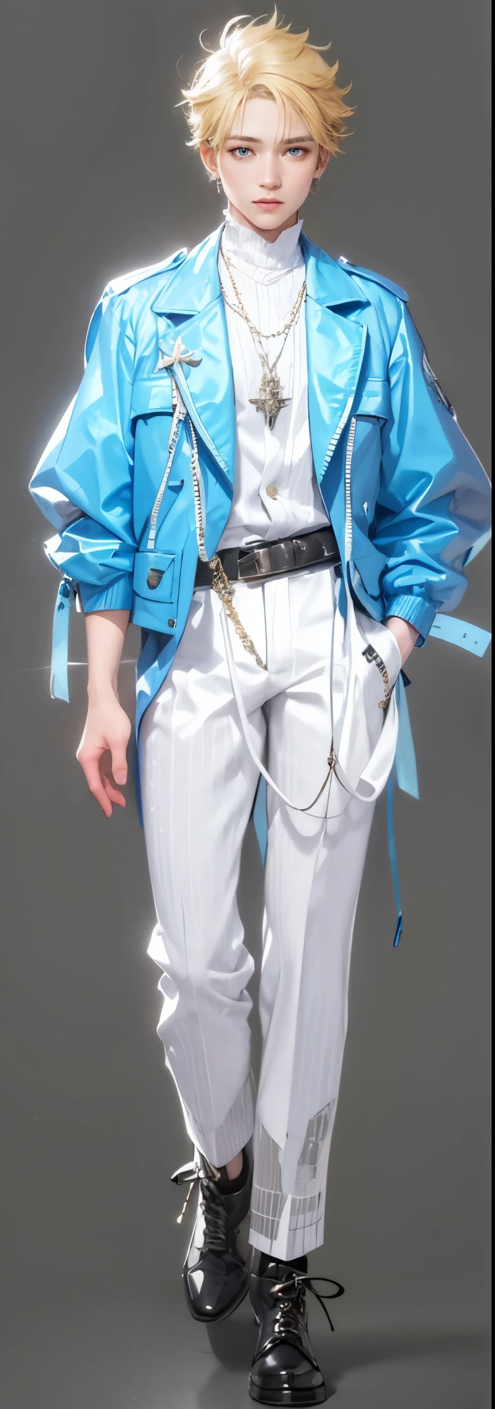 A boy with, Handsome, A yellow-haired one, eBlue eyes, blue clothes, tailcoat, flashy clothes, Angelic, White wings, tmasterpiece, so many details., spark of light, high high quality, 8K, 4K, 1080p,A high-fashion,A high-fashion,A high-fashion