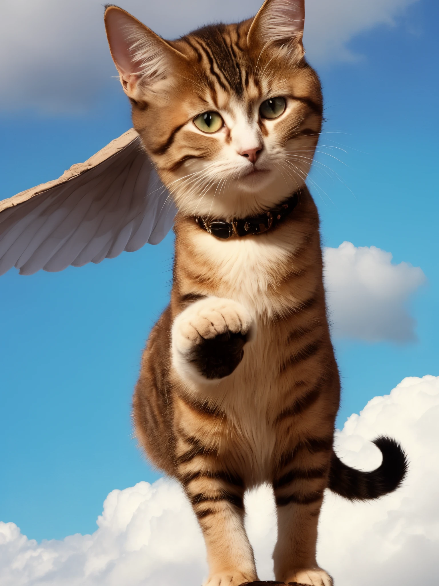 The image to be created is of a cat sitting on the clouds, very hairy, blue eyes, the fur near the eyes is brown and on the face the fur is white, the fur on the rest of the body is white and brown, the tail is very short . Put some cartoon wings on his back and a halo under his head