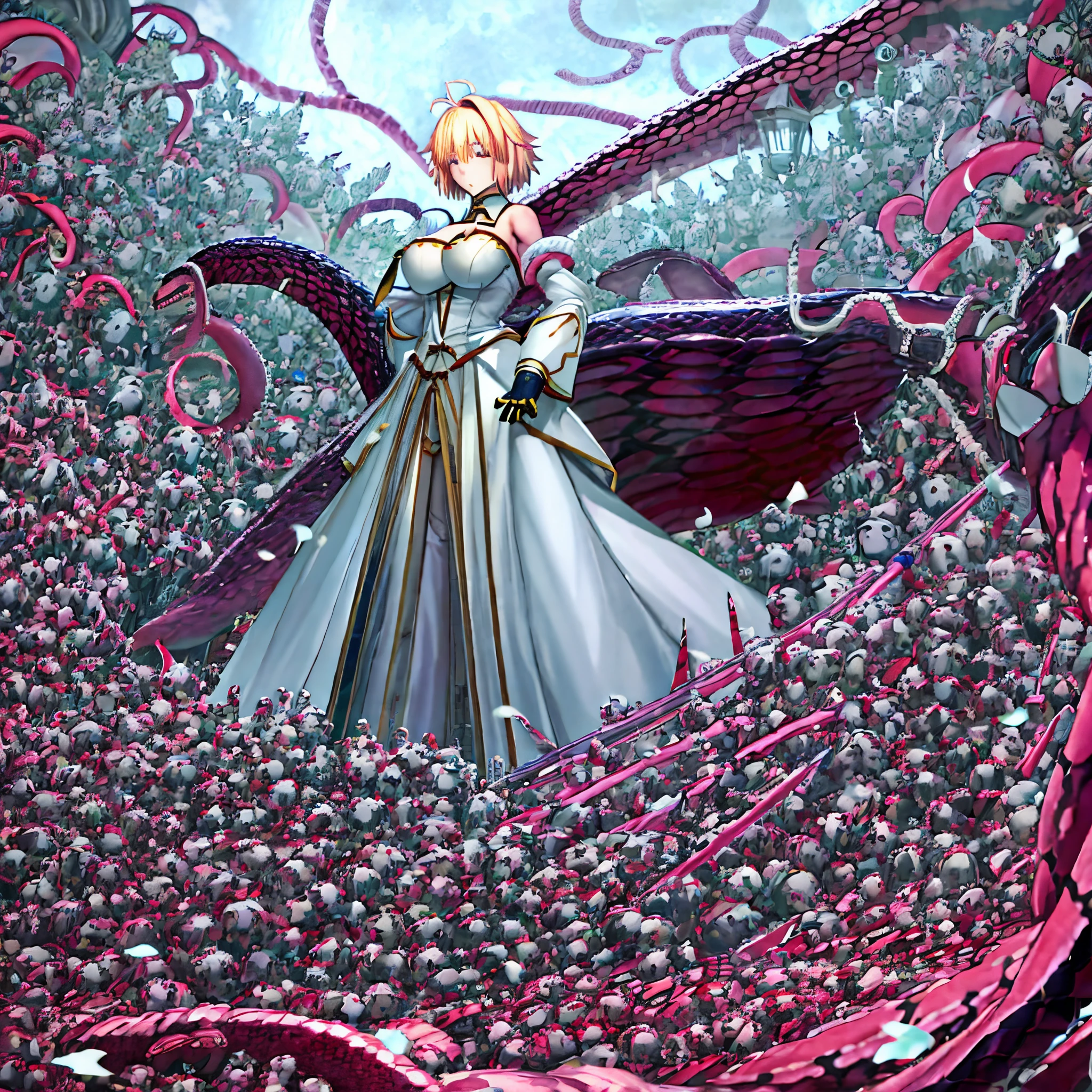 Takashi Takeuchi style, ((1girl:1.4)), (solo:1.4), (wantun-tentacles,tentacles,tentacle sex:1), big tentacle, giant tentacle, (his trunk is a huge tentacle:1.5), (big tentacle sneak around:1.5), (giant coiling snake machine:1.5), (tentacle is surrounding them:1.5), BREAK, arcueid \(tsukihime\), archetype earth \(hime\), (tightly restrained:1.6), bare shoulders, blush, breasts, cleavage, detached collar, detached sleeves, two-tone strapless sleeveless hime white dress, field, flower, flower field, full moon, gloves, large breasts, looking at viewer, moon, night, night sky, petals, sky, annoyed, solo, white gloves, (standing:1.4), fullbody, white panties