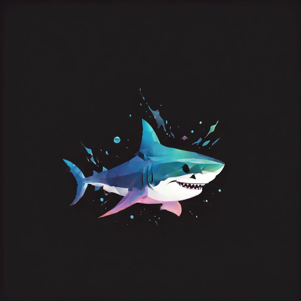 Colorful Logo, Shark head minimalist vector art logo illustration, Frontal, Magic, Crisp design, suave, monochrome color, Dark Magic Colorful Splash Painting, tshirt design, In the style of Studio Ghibli, The design must be vector art, Introduction to the shark. Using Adobe Illustrator、Create a sharp, simple-looking logo, But fascinating. Keep the design centered on the shark's eye, Capture its uniqueness and charm. The logo should evoke a sense of sophistication and tranquility. Emphasis on low-poly style、Adds a touch of luxury. The overall aesthetic must be elegant and elegant, Make it relevant for your branding and logo objectives, black backgrounds, ((Symmemeter)) It's a shark