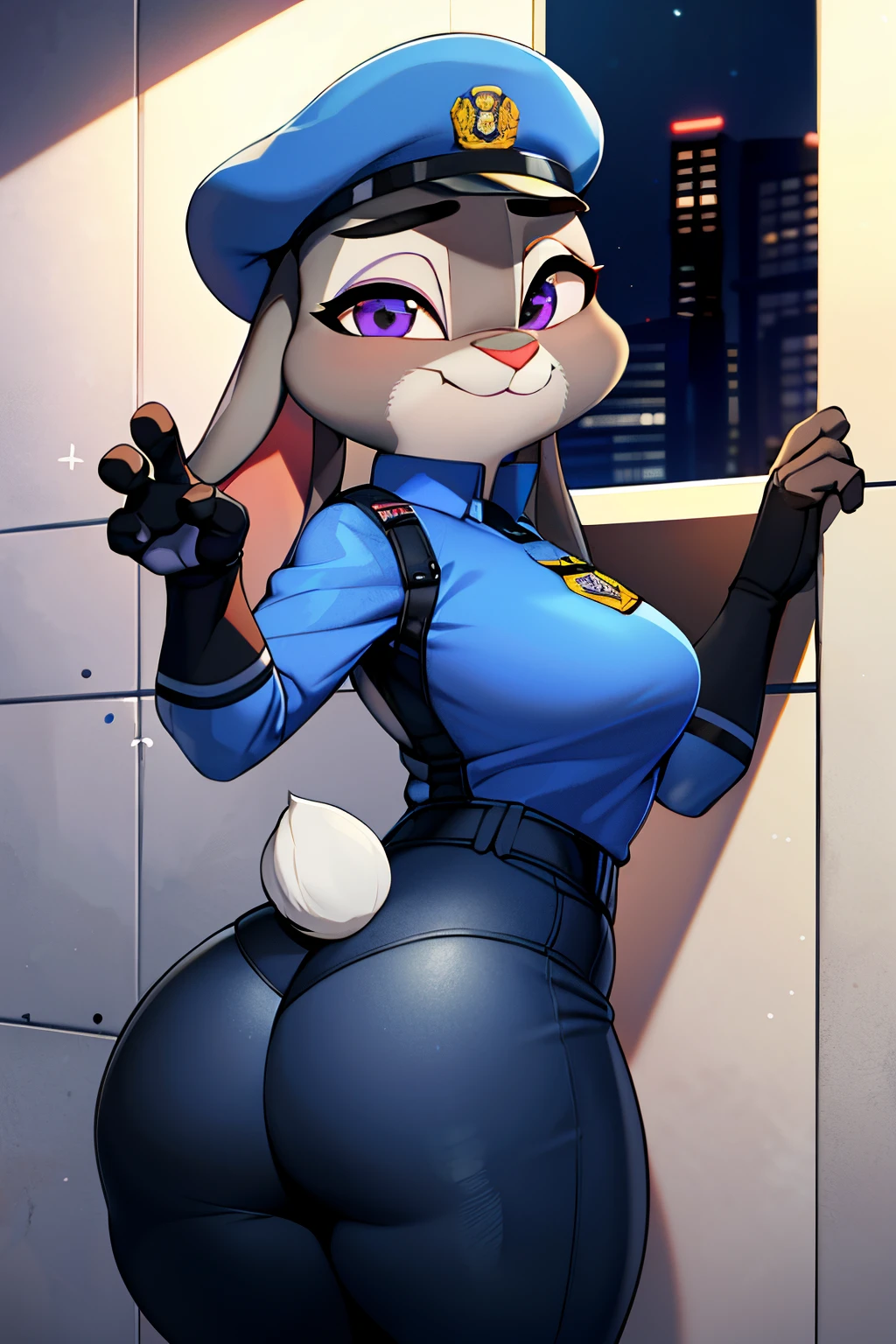 best quality, master part, sozinho, 1girl, JudyHopps, police uniform, police hat, behind the position, hands against the wall, s office, office background at night, Noite, tight pants, Looking at the Viewer, corar, olhar preocupado, rabo de coelho, estilo dagasi