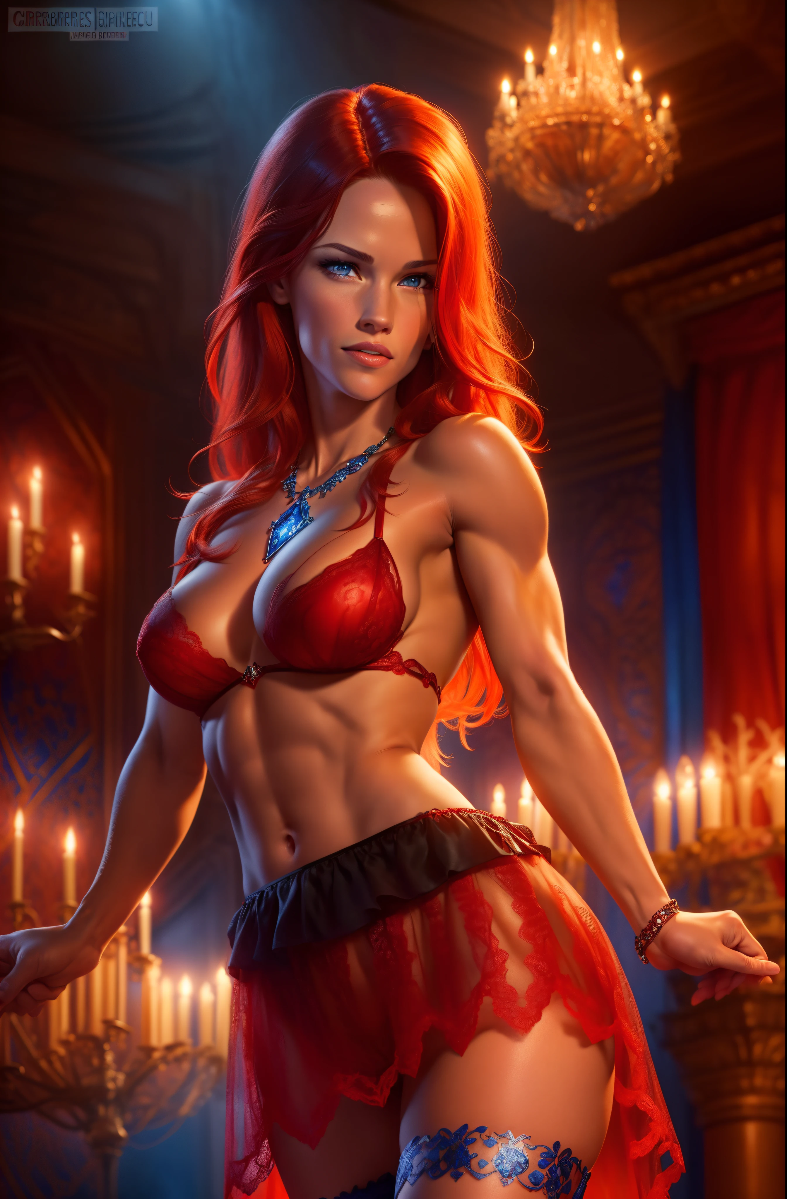 Jennifer Garner in a red and black intricate lace evening dress, ((red hair)), ((defined muscles)), ((athletic build)), ((dark tan)), (((topless))), (((bare breasts))), lots of cleavage, thigh showing, underwear showing, ((in an ancient castle ballroom)), ((intricate diamond necklace)), ((Very colorful background)), (((garters))), (((cobalt blue eyes)))