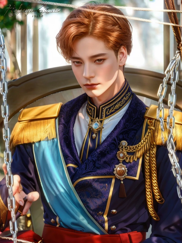 there is a man in a uniform sitting on a swing, beautiful androgynous prince, delicate androgynous prince, handsome prince, renaissance prince, inspired by Bian Shoumin, highly detailed exquisite fanart, royal elegant pose, royal portrait, inspired in kris from deltarrune, royal emperor, fanart, inspired by Kim Deuk-sin, inspired by Huang Shen