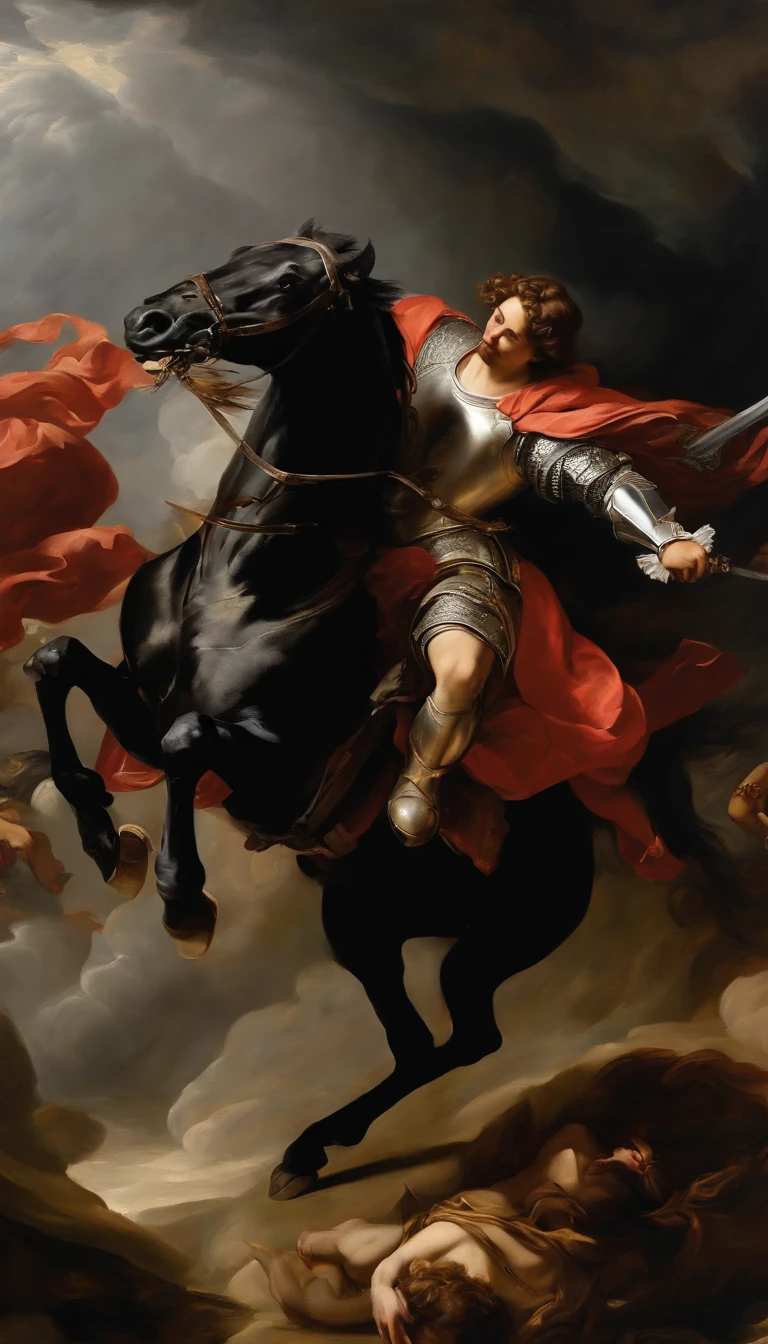 an oil painting, A breathtaking masterpiece, Vivid, Caravaggio, 8K,angelicales,Lots of people,Fallen Angel,Duel Knight Battle Angel vs Human Many People Knight
