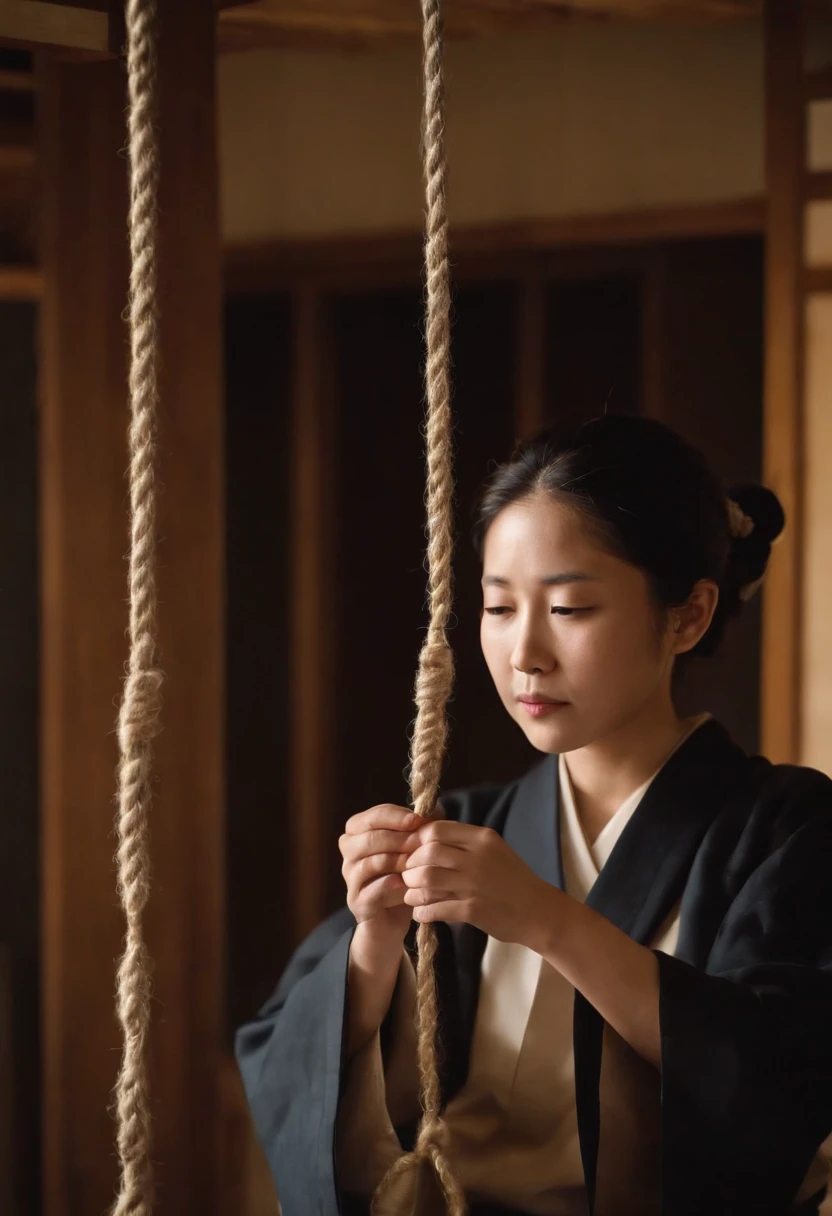 In the living room of a newly built Japanese house, a hangman's noose with a loop at the end hangs, and the husband, wife, and  join hands in prayer to the Japanese Buddha.  Just before the family's suicide,