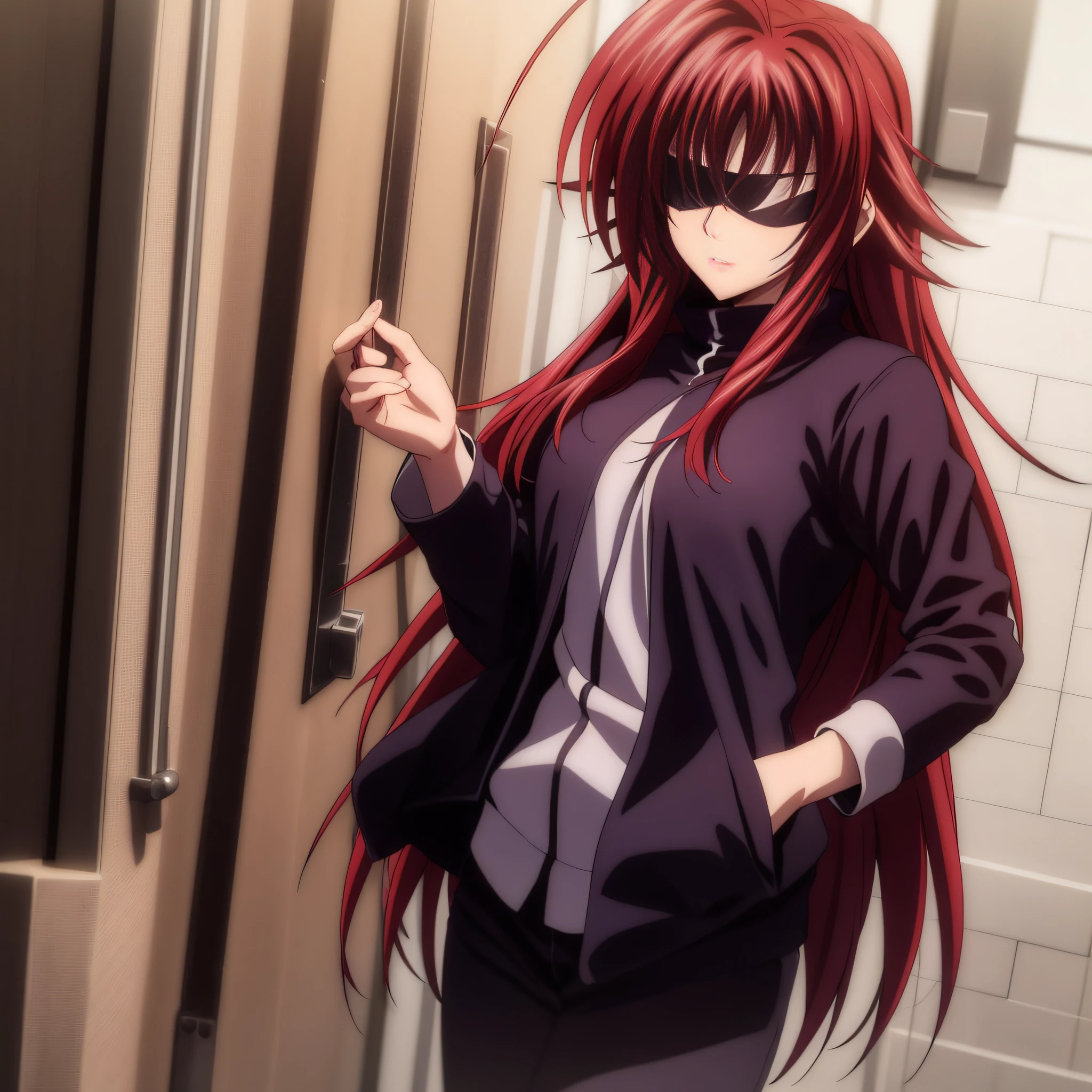 1 girl, Rias Gremory, Red hair, Black jacket, Blind fold