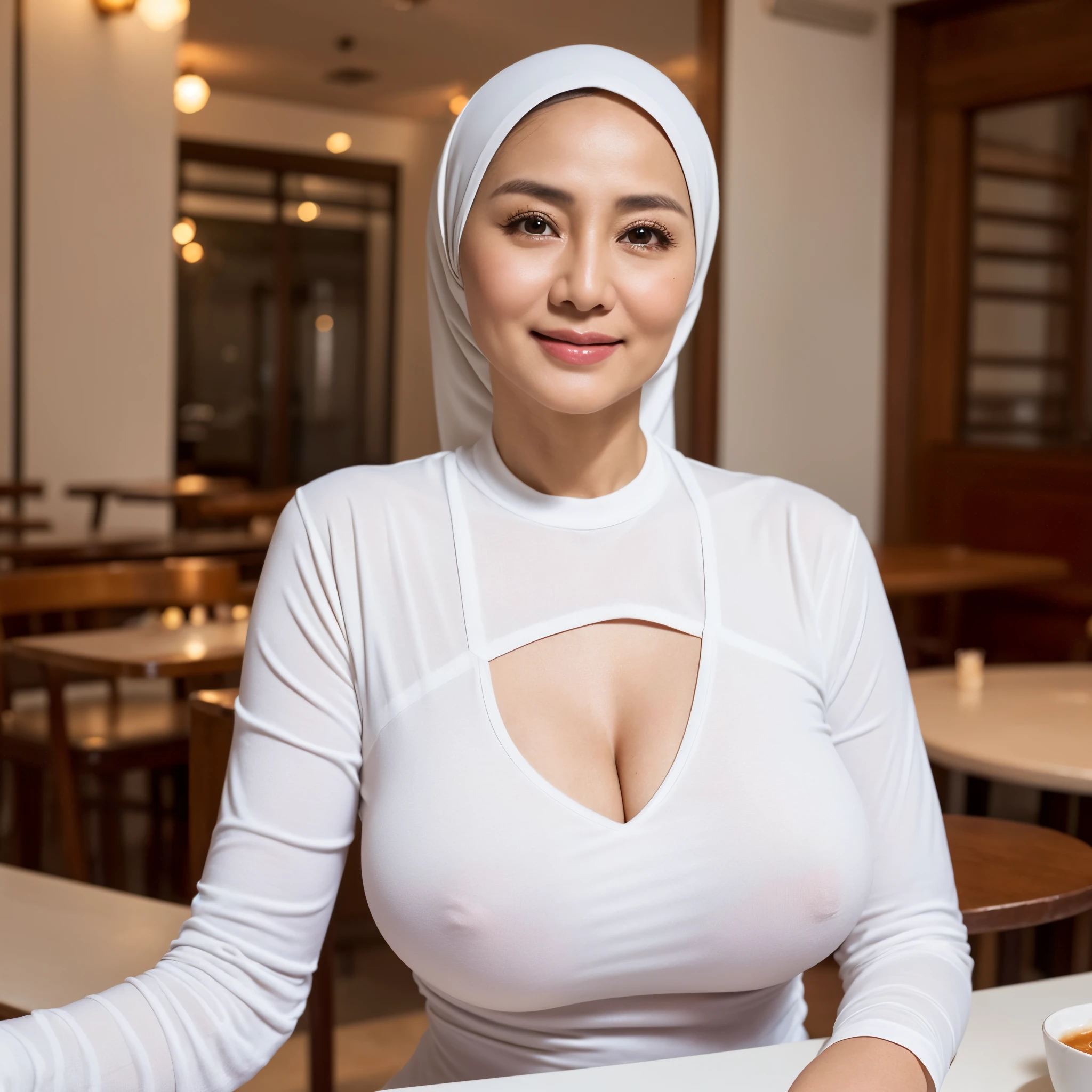 58-Years-Old,Female Restaurant owner, Hijab Beautiful Indonesian  Woman, Wearing white Tight Long-Sleeve T-Shirt, White Skin Like Porcelain, Alluring Face, Erotic Realistic Ultra Gigantic Breast : 46.istic wrinkels body, PP cup Breast, Seducting Soft Smiling.
