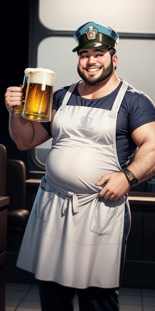 Monochromatic outline drawing of a chubby burly barkeeper wearing an apron and a train conductor cap, grinning friendly, towel over obe shoulder holding a beer glass in the other hand
