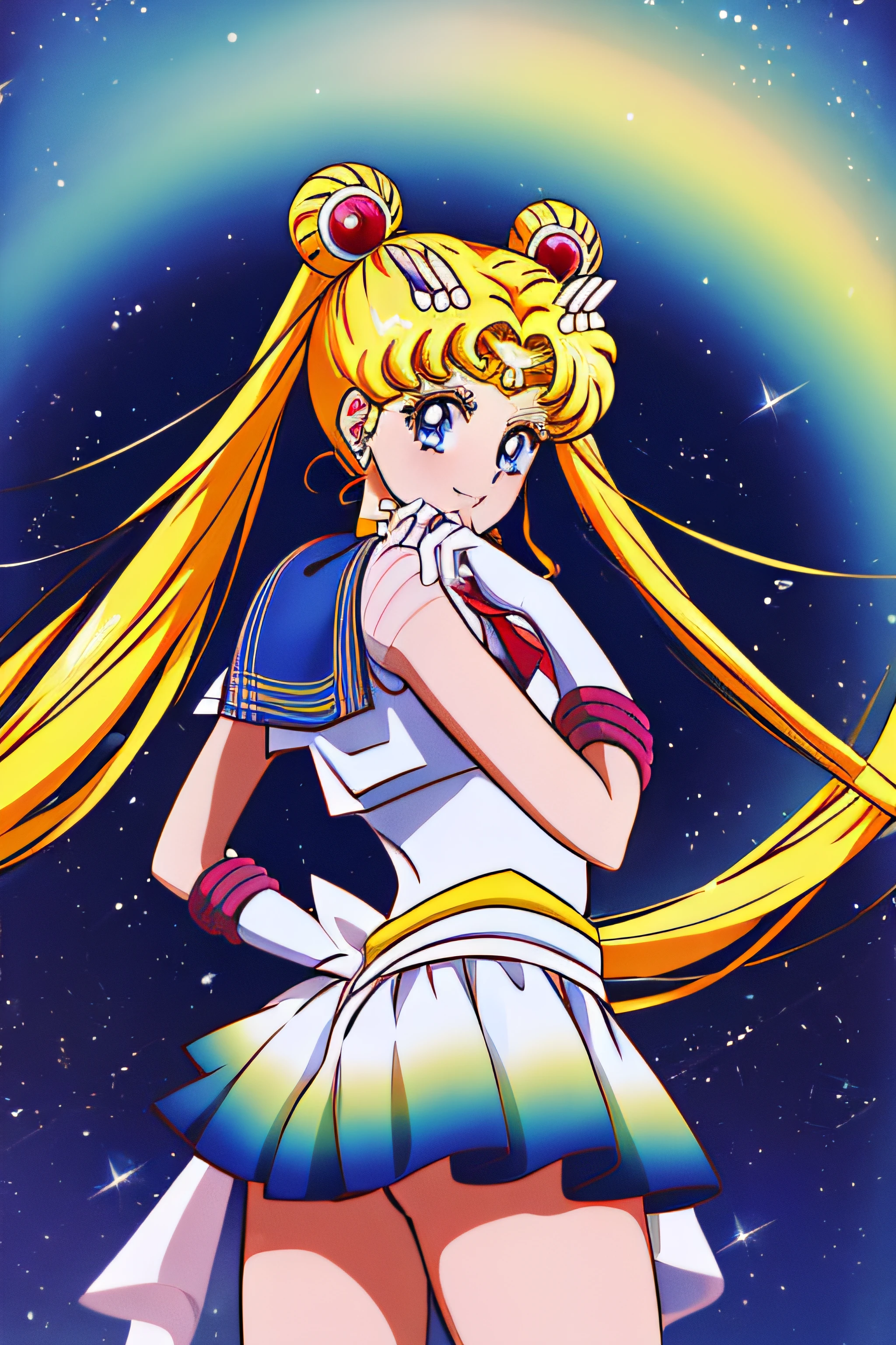 Obra maestra, La mejor calidad, absurdos, antomy perfecto, 1girl, solamente, SMMoon, 1990's \(estilo\), rubia sailor moon, En pie, They are smiling, Disparo de vaquero, Uniforme Sailor Senshi, Collar de marinero, falda azul, guantes de codo, en postura de espalda, Show off your loot, Backwards, No hay tanga Big Booty, Ultra minifalda
