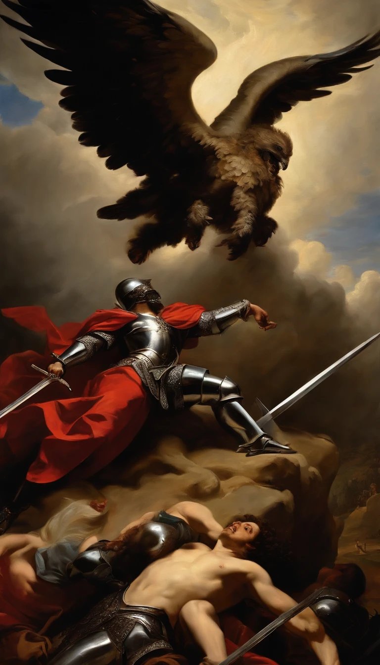 an oil painting, A breathtaking masterpiece, Vivid,  Caravaggio, 8K，angelicales，Lots of people，Fallen Angel，Duel Knight Battle Angel vs Human Multiplayer Knight