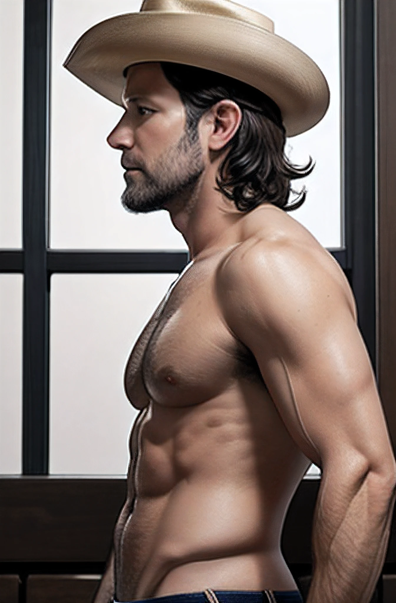 paul rudd, with a cowboy hat, nakede profile-view, full body, jockstrap underwear, various poses