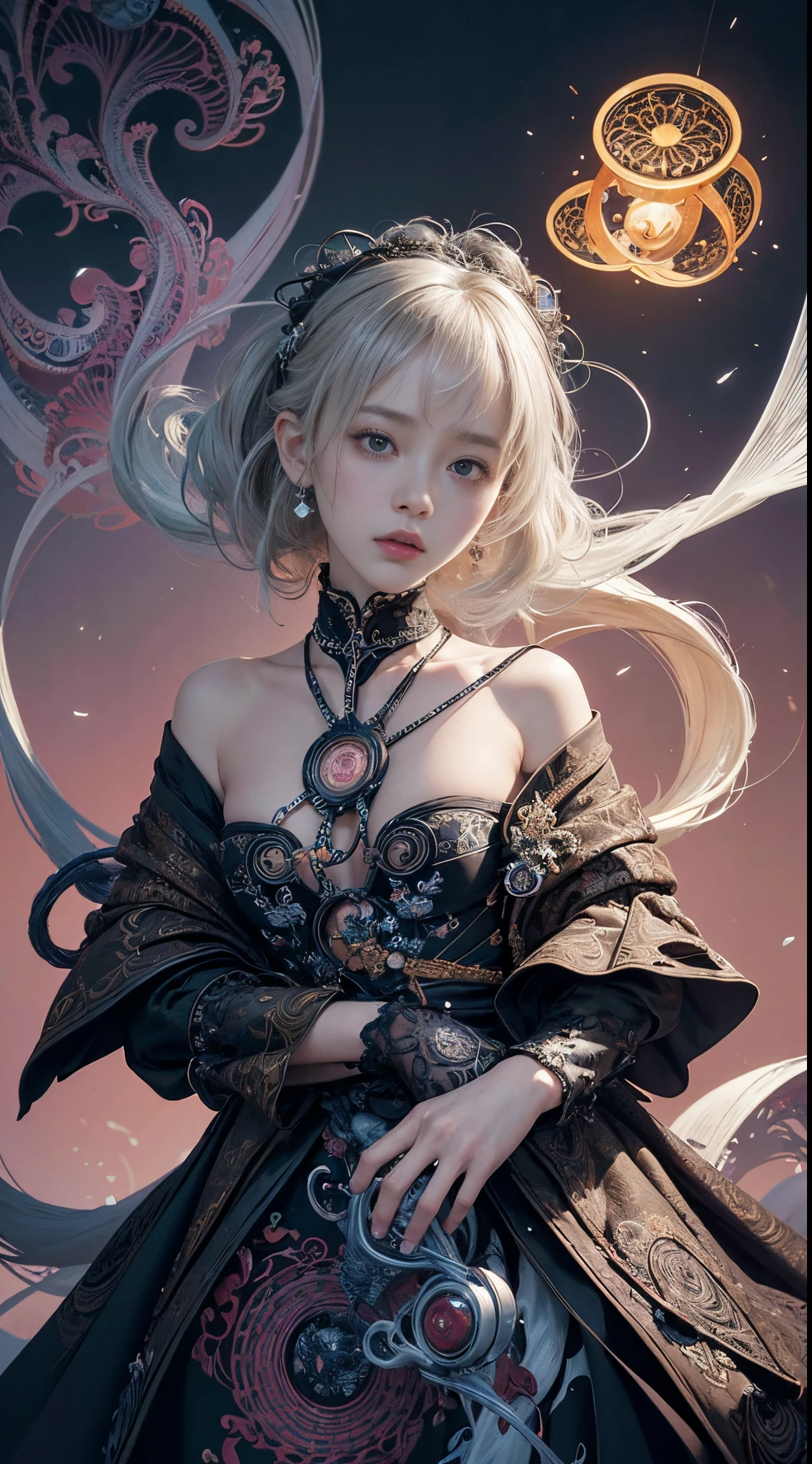 official art, unity 8k wallpaper, ultra detailed, beautiful and aesthetic, masterpiece, best quality, (zentangle, mandala, tangle, entangle), (fractal art:1.3) , 1girl, extremely detailed, dynamic angle, cowboyshot, the most beautiful form of chaos, elegant, a brutalist designed, vivid colours, romanticism, by james jean, roby dwi antono, ross tran, francis bacon, michal mraz, adrian ghenie, petra cortright, gerhard richter, takato yamamoto, ashley wood, atmospheric, ecstasy of musical notes, streaming musical notes visible