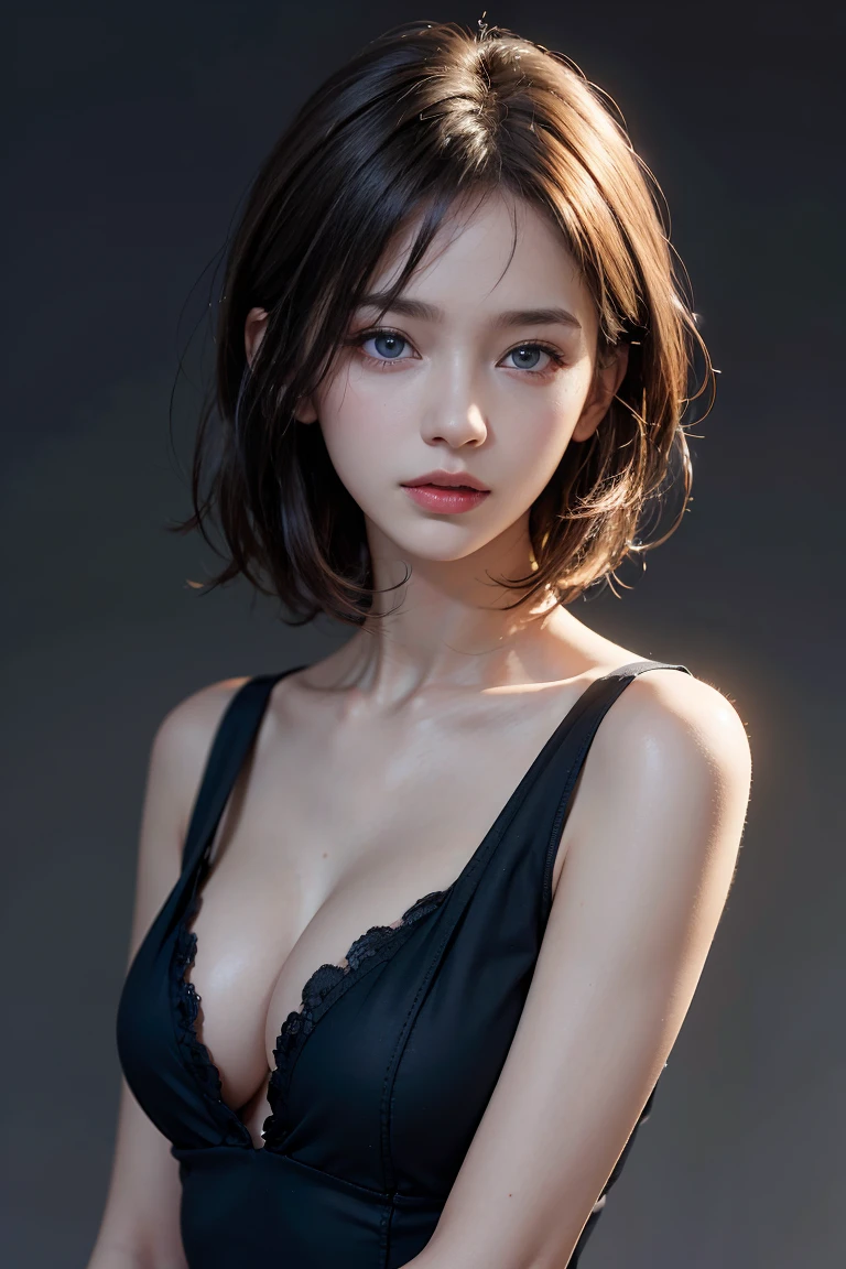 Skin Tight Black Top:1.2, Looking at Viewer, Cinematic lighting, Perfect, softlight, High resolution skin:1.2, Realistic skin texture, 30 years old mature woman、Small face、no-makeup、 off shoulders, Exposed cleavage, Bust B Cup、Small breasts、Blue eyes, Short hair, dark brown hair、fullnude、Gray background