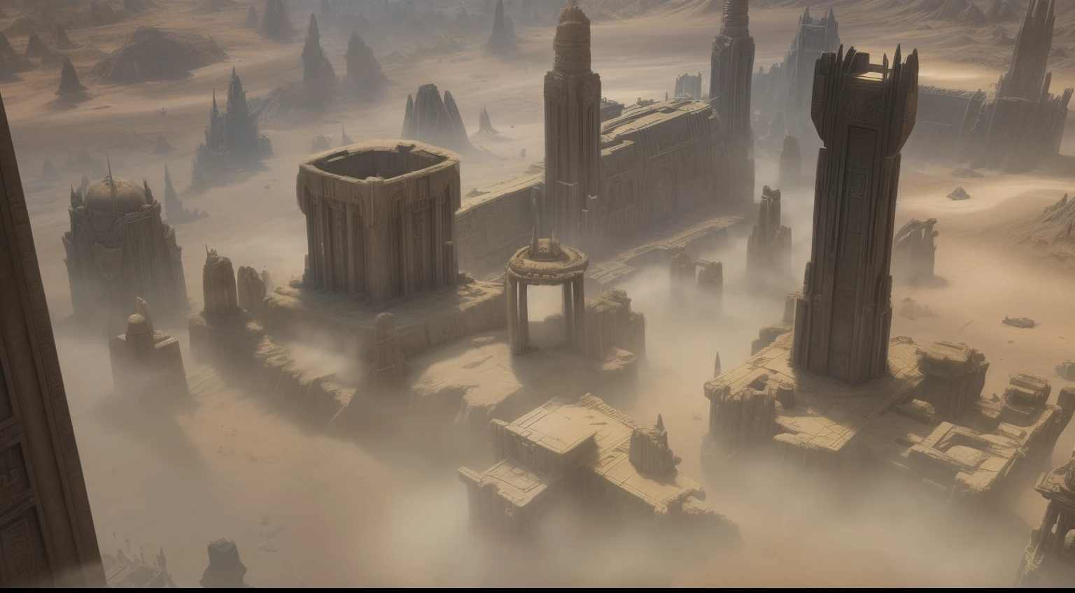 There is a picture of a city with many buildings, Marcus, epic cinematic matte painting, Unreal Engine Matte Painting, dusty environment, detailed matte painting, Detailed matte painting, cinematic matte painting, 3d rendered matte painting, Unreal Engine 5 4k Ultra HD graphics, Dust clouds and building debris, Dune City and Temple of Arakis, Anor Rondo