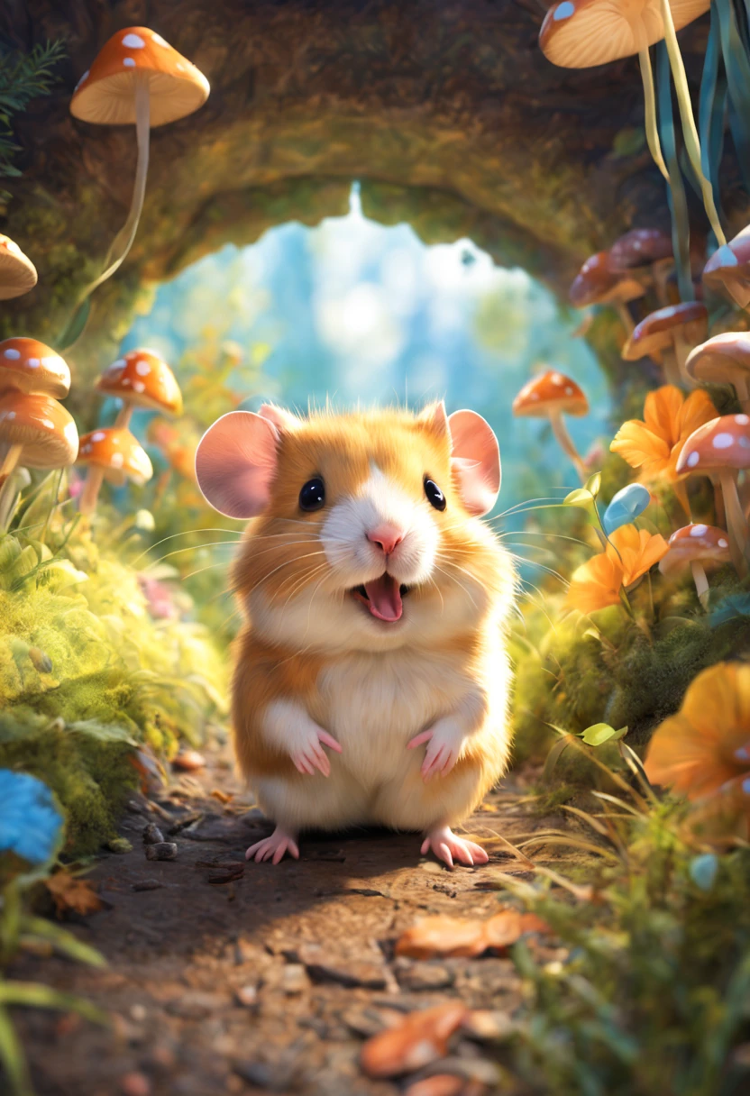 (best quality,4k,8k,highres,masterpiece:1.2),ultra-detailed,realistic, happy,cute hamster, (adventure vibes:1.3), detailed art, walking through tunnel adventure, furry little friend, adorable expression, round fluffy body, tiny paws, vibrant colors, playful curiosity, exploring the unknown, intricate patterns, textured fur, sunlight streaming in, interesting shadows, whimsical atmosphere, tunnel filled with enchanting illustrations, vibrant illustrations, imaginative world, magical creatures, glowing mushrooms, cozy glow, soft lighting, interactive experience, immersive journey, attention to detail, cute little nose, precious whiskers, charming personality, captivating story, tunnel leading to new horizons