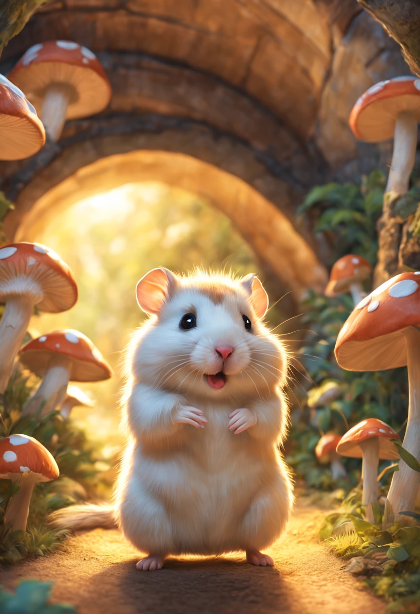 (best quality,4k,8k,highres,masterpiece:1.2),ultra-detailed,realistic, happy,cute hamster, (adventure vibes:1.3), detailed art, walking through tunnel adventure, furry little friend, adorable expression, round fluffy body, tiny paws, vibrant colors, playful curiosity, exploring the unknown, intricate patterns, textured fur, sunlight streaming in, interesting shadows, whimsical atmosphere, tunnel filled with enchanting illustrations, vibrant illustrations, imaginative world, magical creatures, glowing mushrooms, cozy glow, soft lighting, interactive experience, immersive journey, attention to detail, cute little nose, precious whiskers, charming personality, captivating story, tunnel leading to new horizons