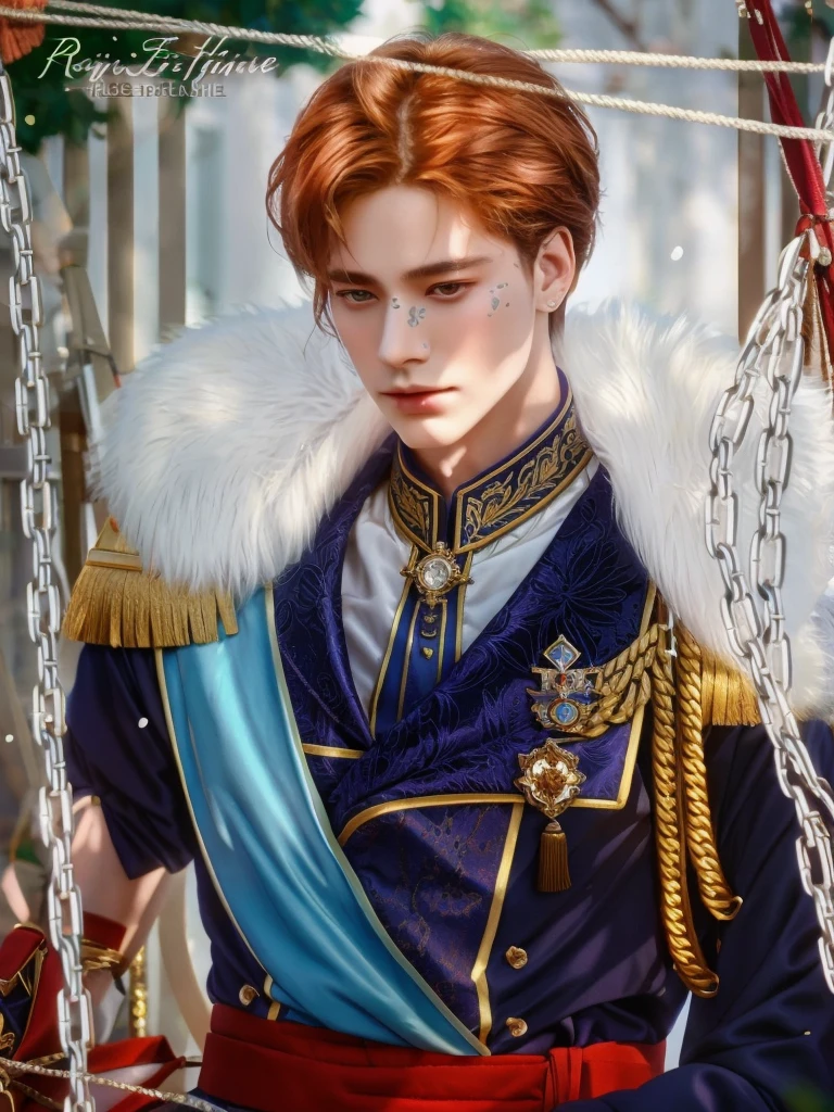 there is a man in a uniform sitting on a swing, beautiful androgynous prince, delicate androgynous prince, handsome prince, renaissance prince, inspired by Bian Shoumin, highly detailed exquisite fanart, royal elegant pose, royal portrait, inspired in kris from deltarrune, royal emperor, fanart, inspired by Kim Deuk-sin, inspired by Huang Shen