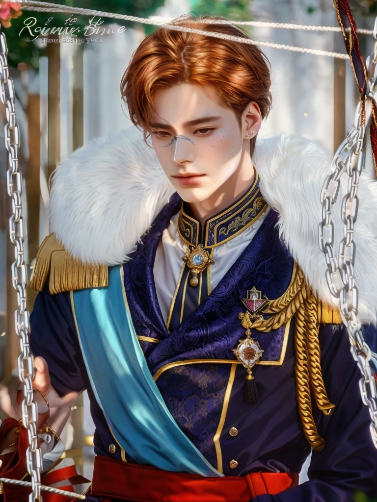 there is a man in a uniform sitting on a swing, beautiful androgynous prince, delicate androgynous prince, handsome prince, renaissance prince, inspired by Bian Shoumin, highly detailed exquisite fanart, royal elegant pose, royal portrait, inspired in kris from deltarrune, royal emperor, fanart, inspired by Kim Deuk-sin, inspired by Huang Shen