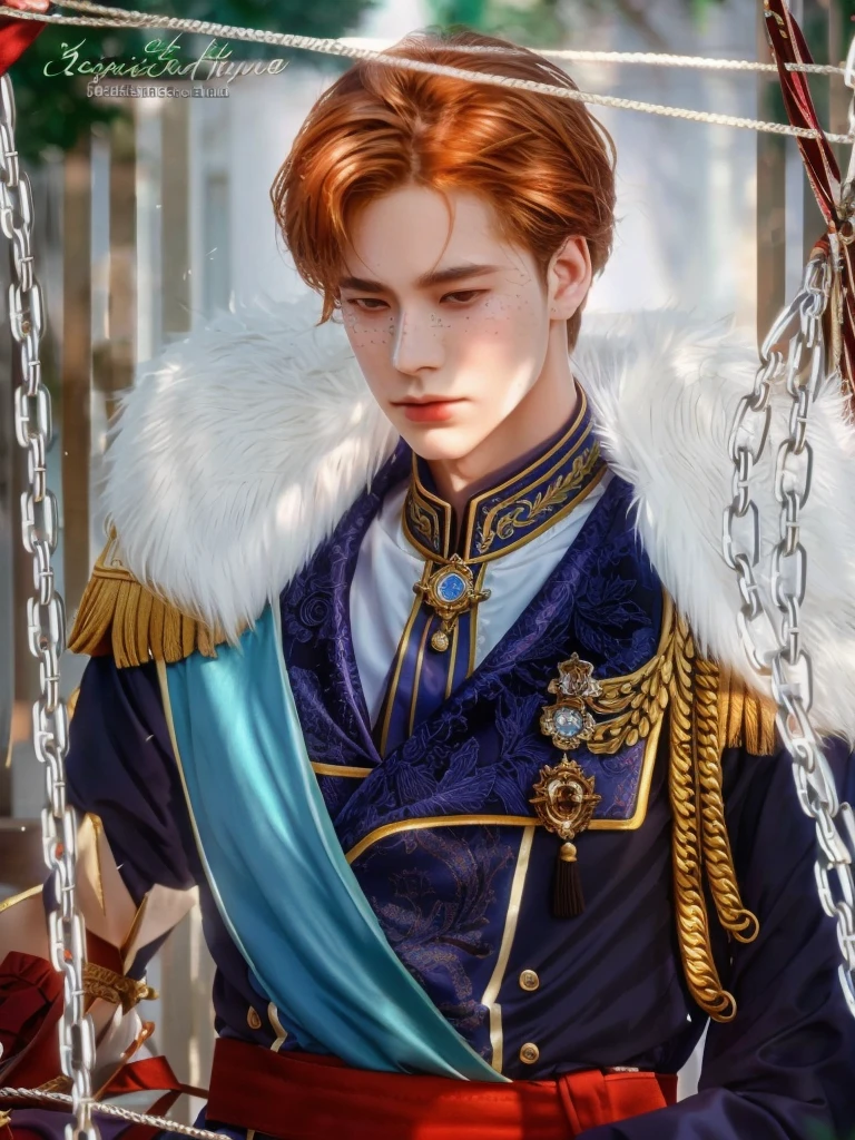 there is a man in a uniform sitting on a swing, beautiful androgynous prince, delicate androgynous prince, handsome prince, renaissance prince, inspired by Bian Shoumin, highly detailed exquisite fanart, royal elegant pose, royal portrait, inspired in kris from deltarrune, royal emperor, fanart, inspired by Kim Deuk-sin, inspired by Huang Shen