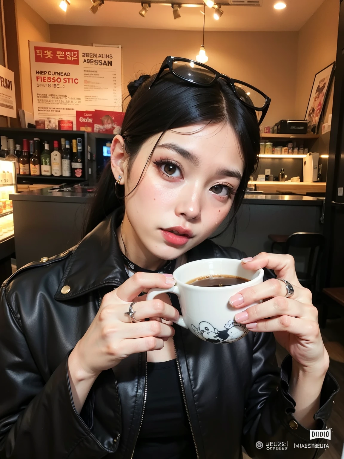 There's a woman holding a cup of coffee in her hand, garota misteriosa da cafeteria, Ulzzang, Estilo de Junji Ito, cabelos pretos e olhos grandes, linda Delphine, 1 7 - year - old goth girl, goth girl aesthetic, Sakimichan, Menina anime na vida real, cruel korean goth girl