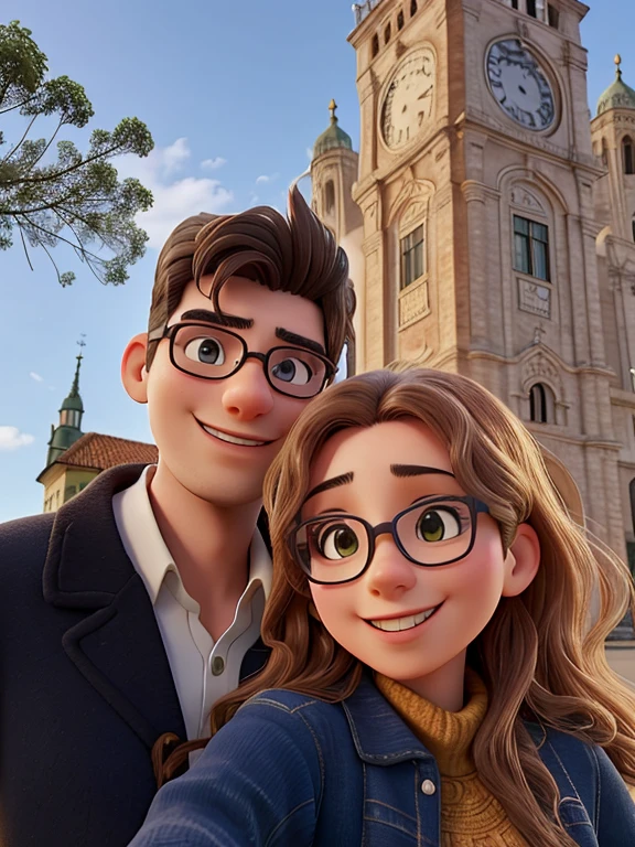 they are posing for a photo in front of a clock tower, Casal feliz, in Curitiba, Directed by: Nandor Soldier, imagem de perfil, Valentina Embaralhamento, par, foto de perfil, casal sorridente, foto de perfil 1024px, Lovely couple, Sakimichan e Frank Franzzeta, Cidade em segundo plano, São Paulo